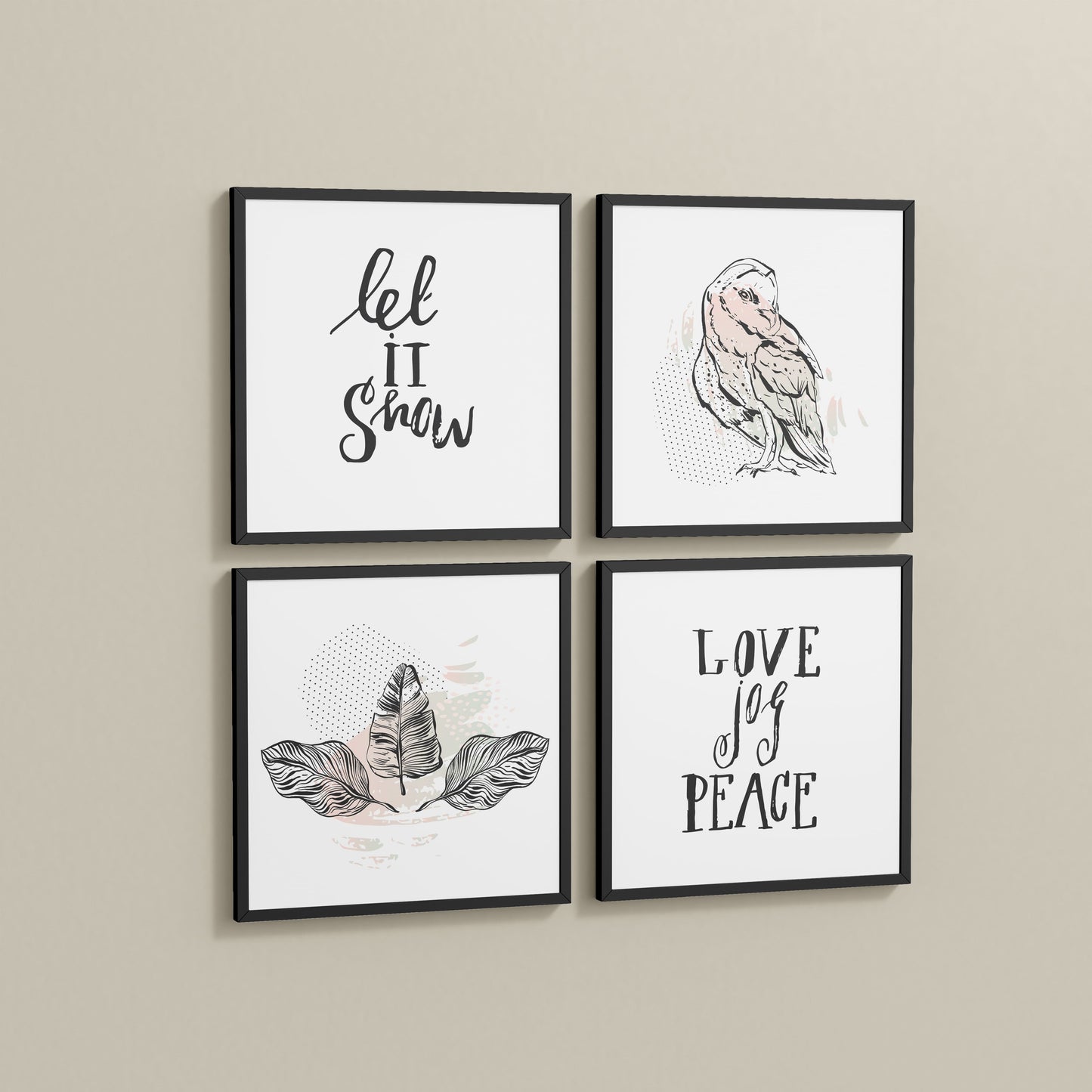 Side View of Love, Joy & Peace – Inspirational Wall Art Frame Set of 4 in Black Color Frame