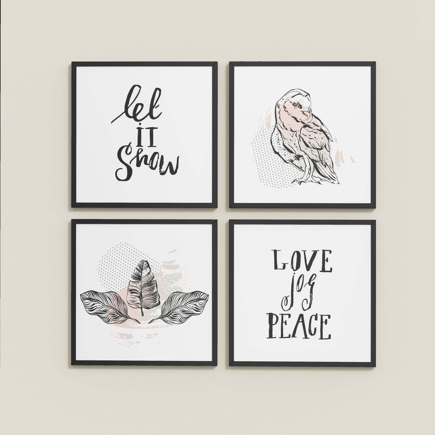 Wall View of Love, Joy & Peace – Inspirational Wall Art Frame Set of 4 in Black Color Frame
