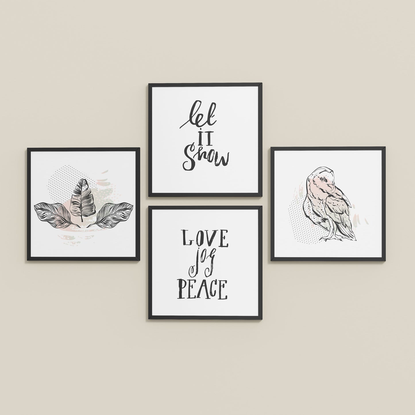 Inclined Floor View of Love, Joy & Peace – Inspirational Wall Art Frame Set of 4 in Black Color Frame