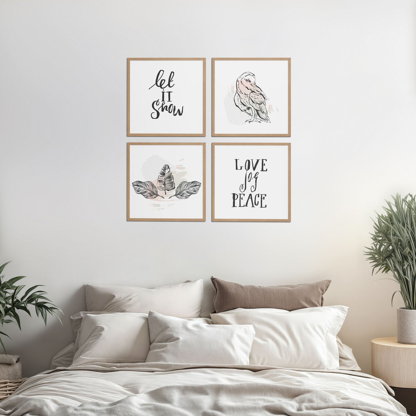 Bed Room Preview of Love, Joy & Peace – Inspirational Wall Art Frame Set of 4 in Natrual Color Frame