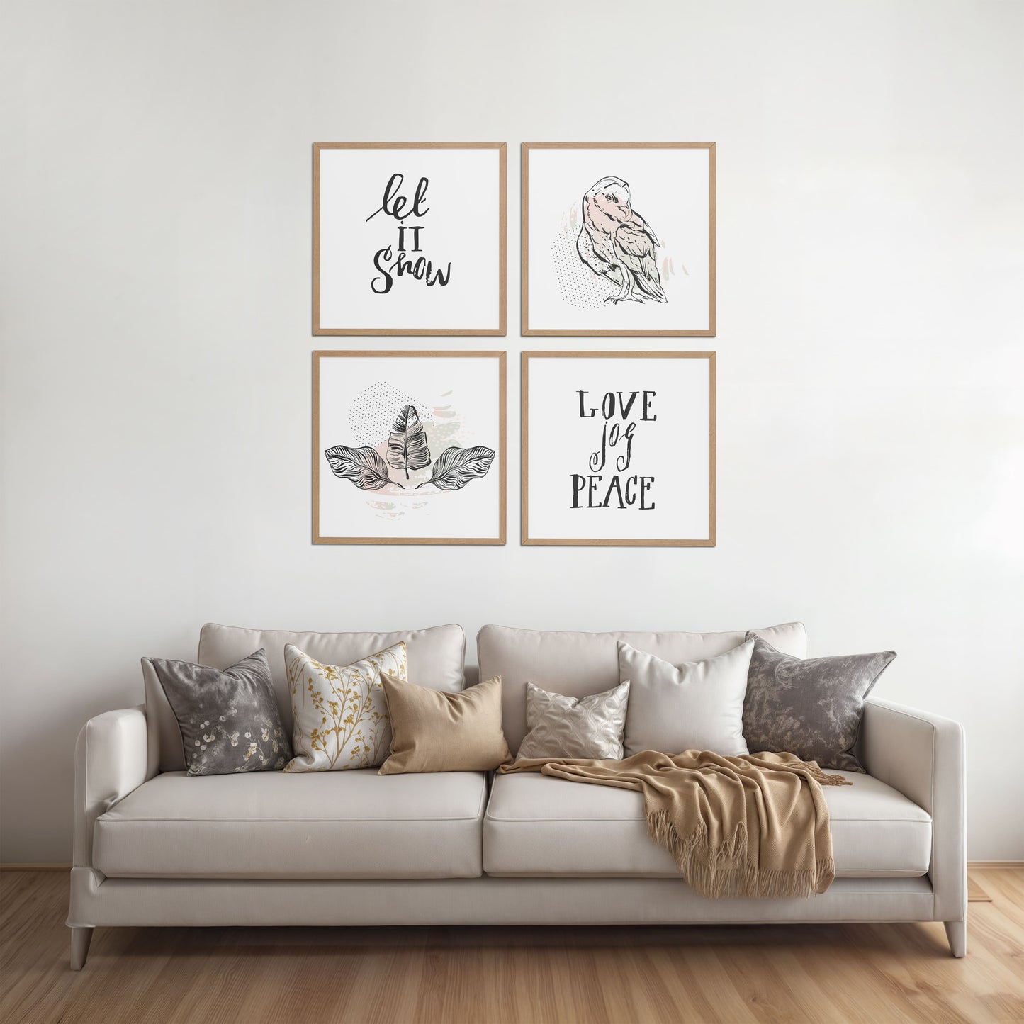 Living Room Sofa Preview of Love, Joy & Peace – Inspirational Wall Art Frame Set of 4 in Natrual Color Frame