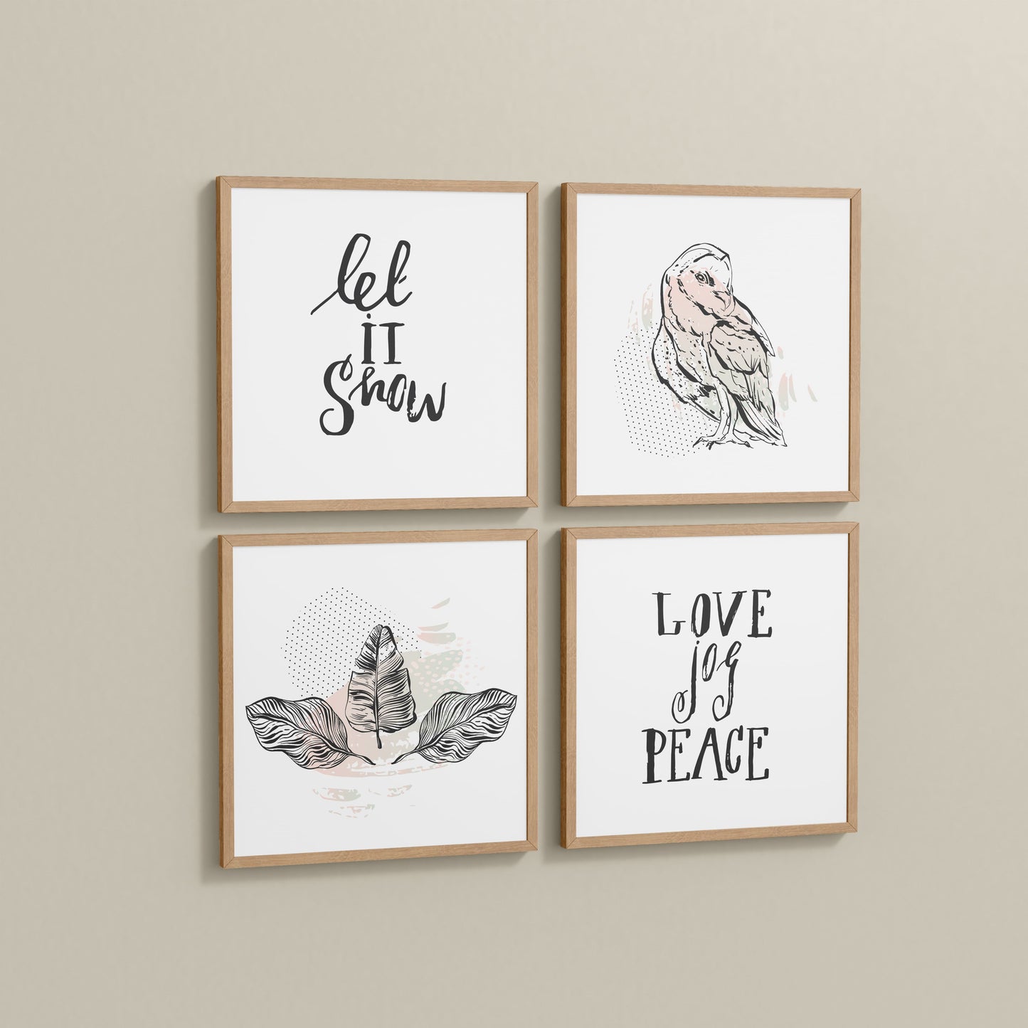 Side View of Love, Joy & Peace – Inspirational Wall Art Frame Set of 4 in Natrual Color Frame
