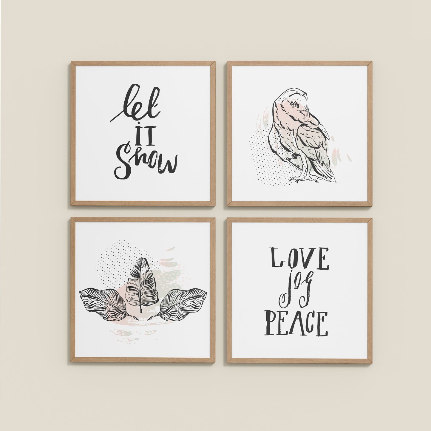 Wall View of Love, Joy & Peace – Inspirational Wall Art Frame Set of 4 in Natrual Color Frame