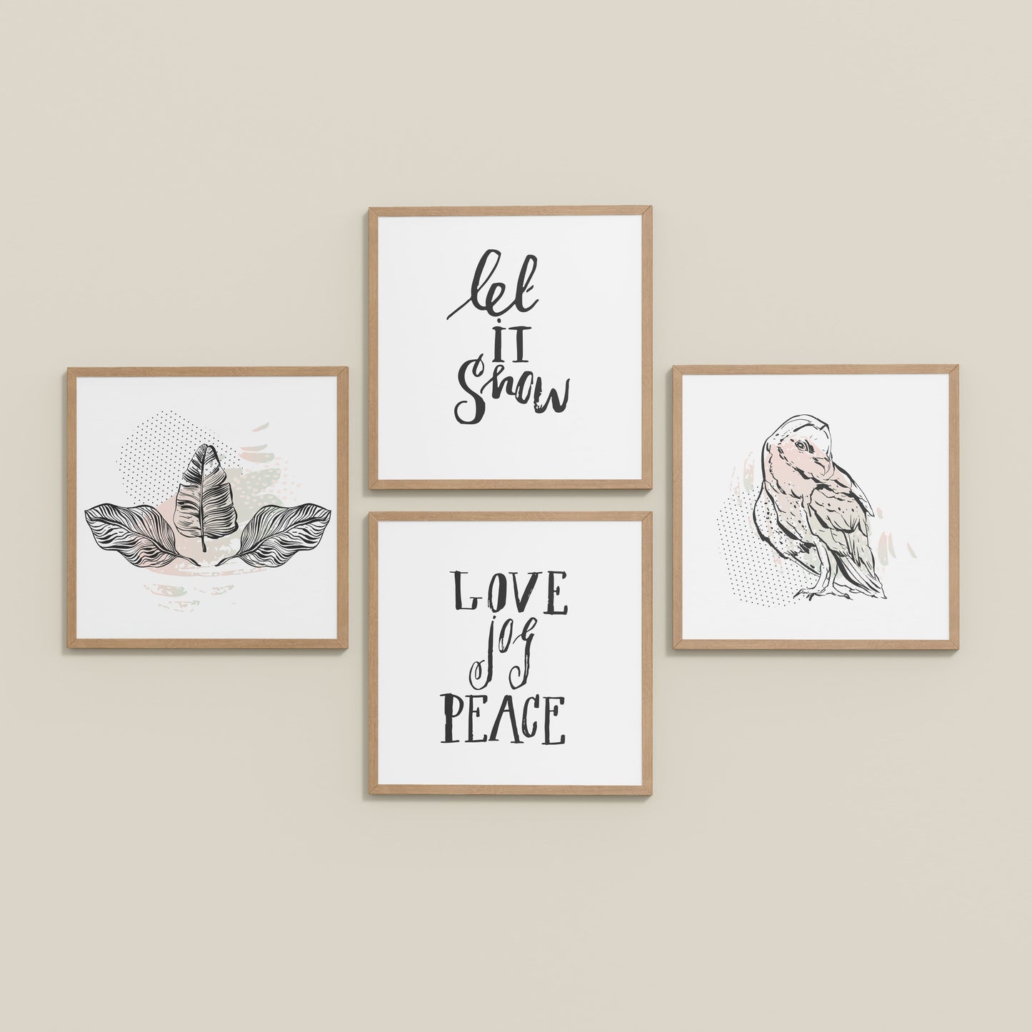 Inclined Floor View of Love, Joy & Peace – Inspirational Wall Art Frame Set of 4 in Natrual Color Frame