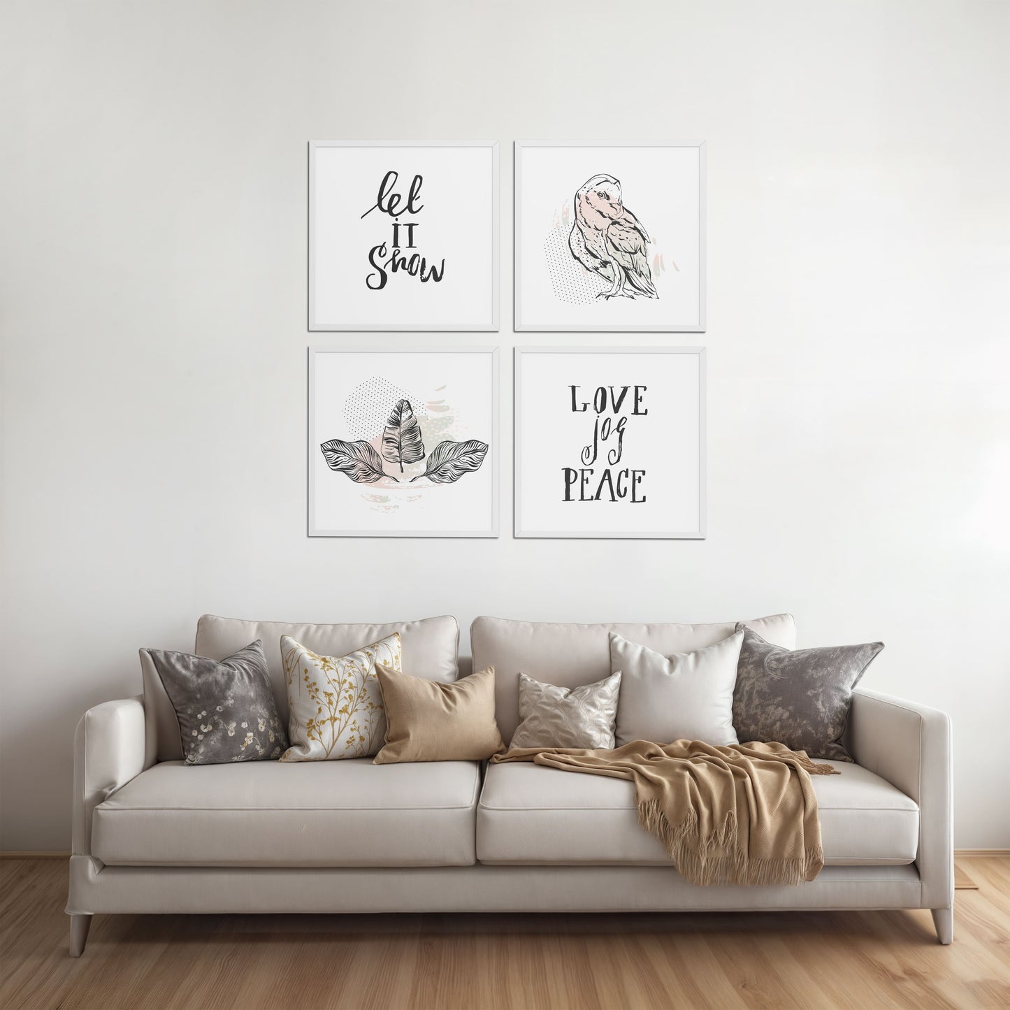 Living Room Sofa Preview of Love, Joy & Peace – Inspirational Wall Art Frame Set of 4 in White Color Frame