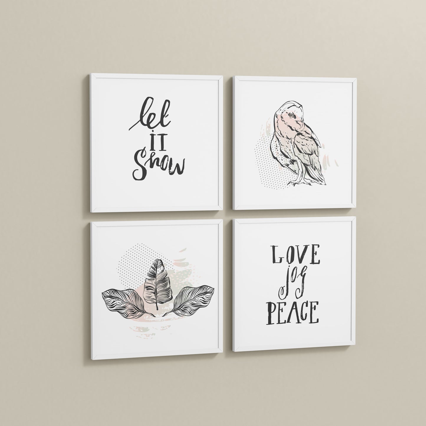 Side View of Love, Joy & Peace – Inspirational Wall Art Frame Set of 4 in White Color Frame