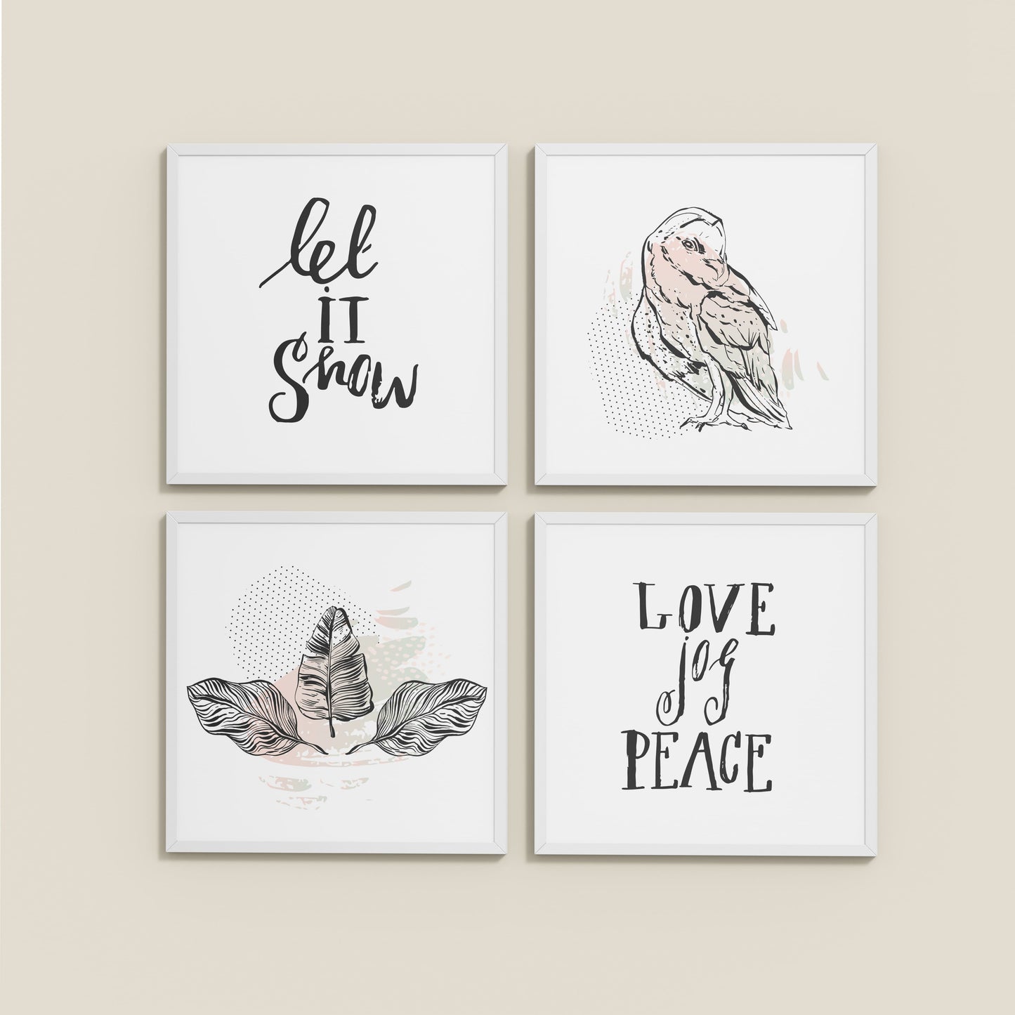 Wall View of Love, Joy & Peace – Inspirational Wall Art Frame Set of 4 in White Color Frame