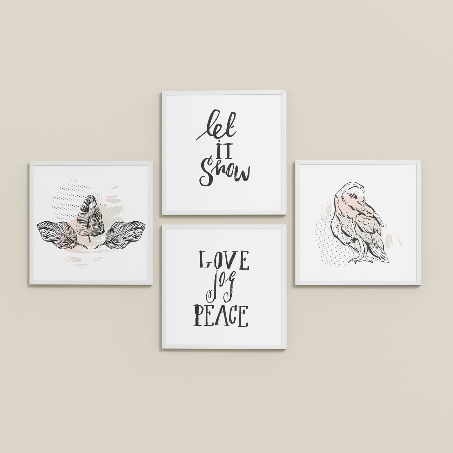 Inclined Floor View of Love, Joy & Peace – Inspirational Wall Art Frame Set of 4 in White Color Frame