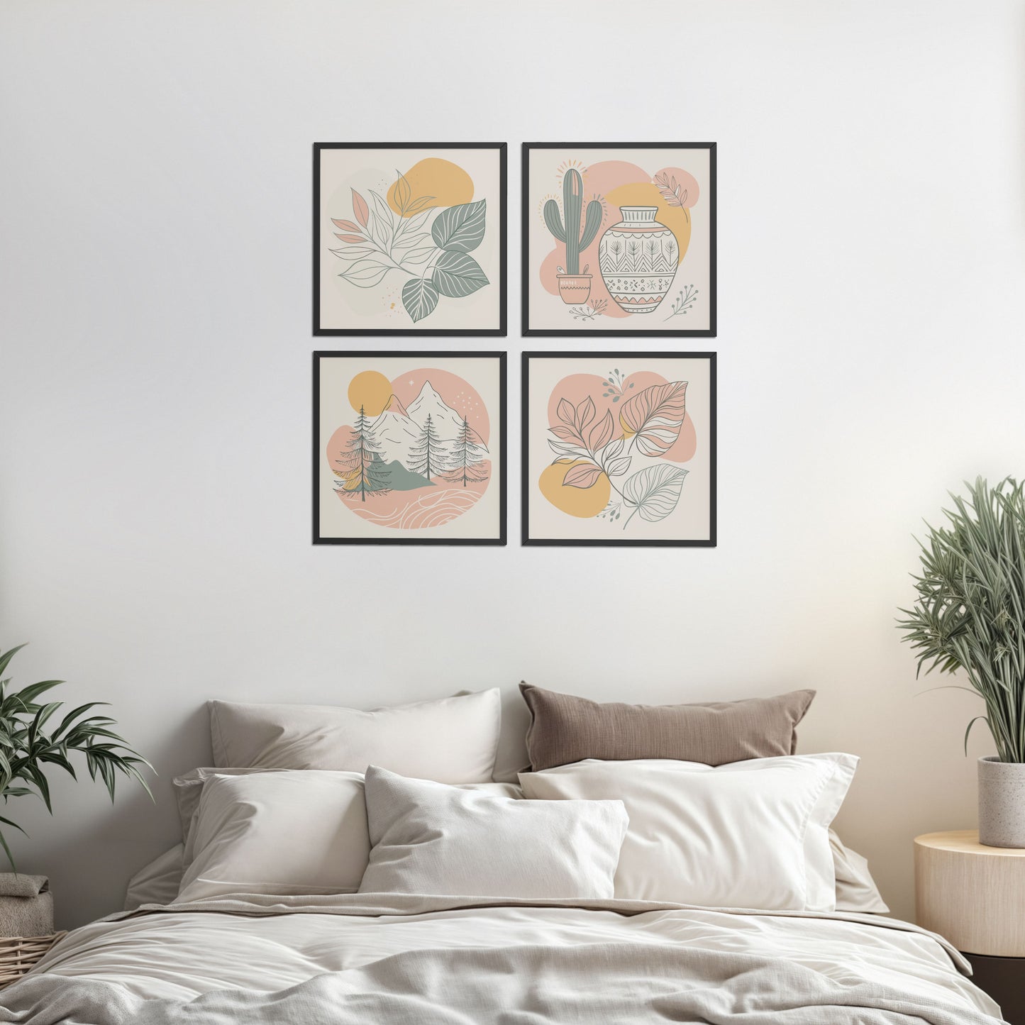 Bed Room Preview of Boho Serenity Pastel Nature Wall Art Set of 4 in Black Color Frame