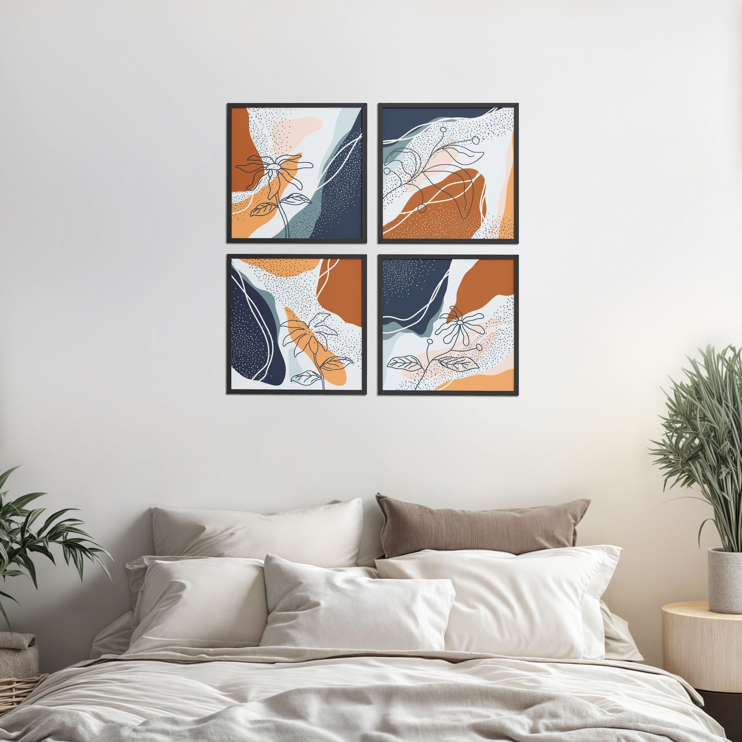 Bed Room Preview of Boho Minimalist Floral Wall Art Frames Set of 4 in Black Color Frame