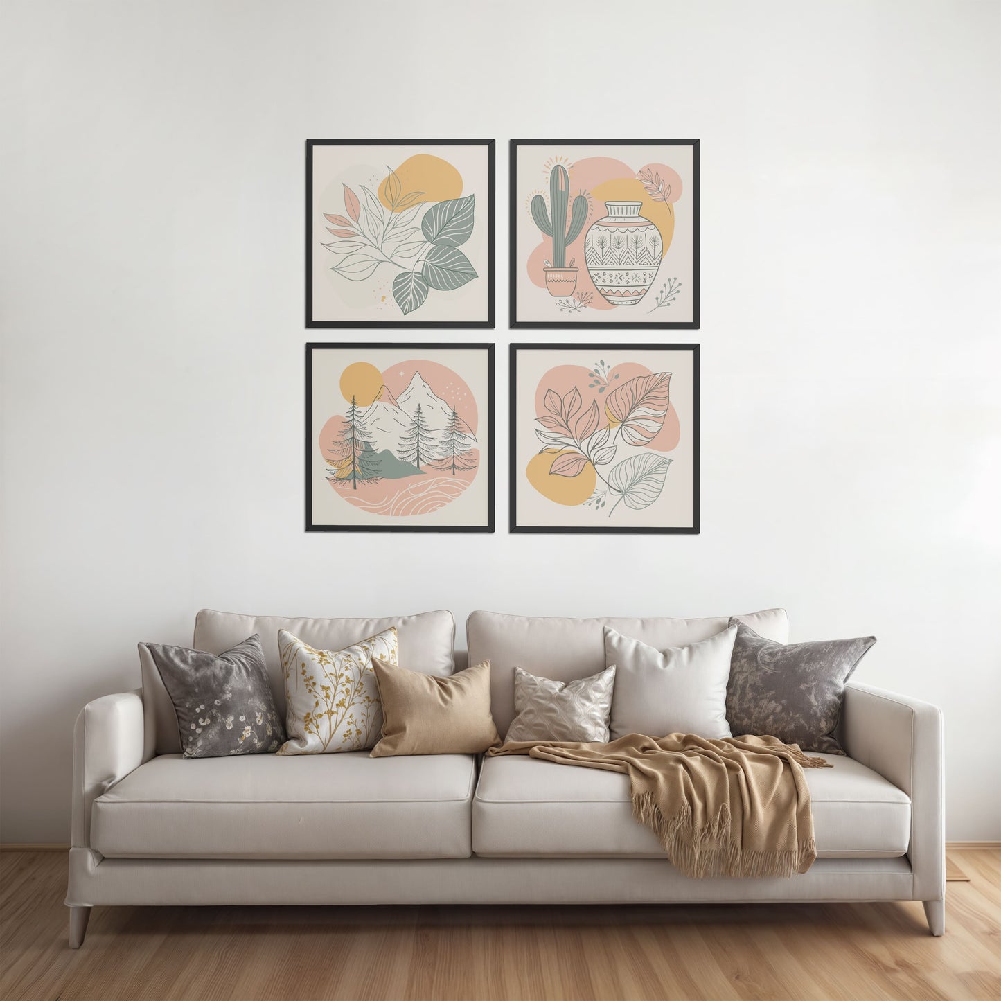 Living Room Sofa Preview of Boho Serenity Pastel Nature Wall Art Set of 4 in Black Color Frame