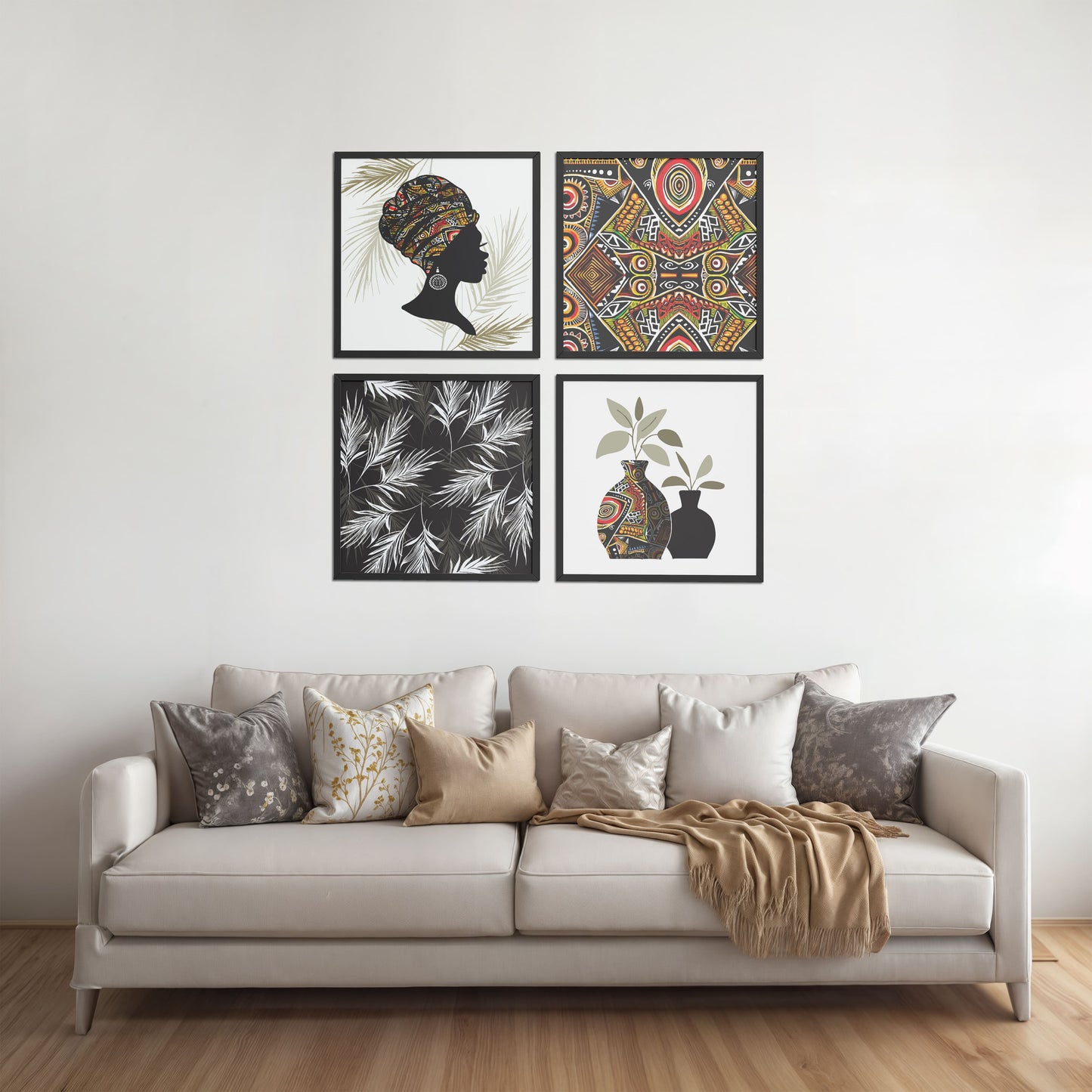 Living Room Sofa Preview of Ethnic Bohemian Wall Art Frames Set of 4 in Black Color Frame
