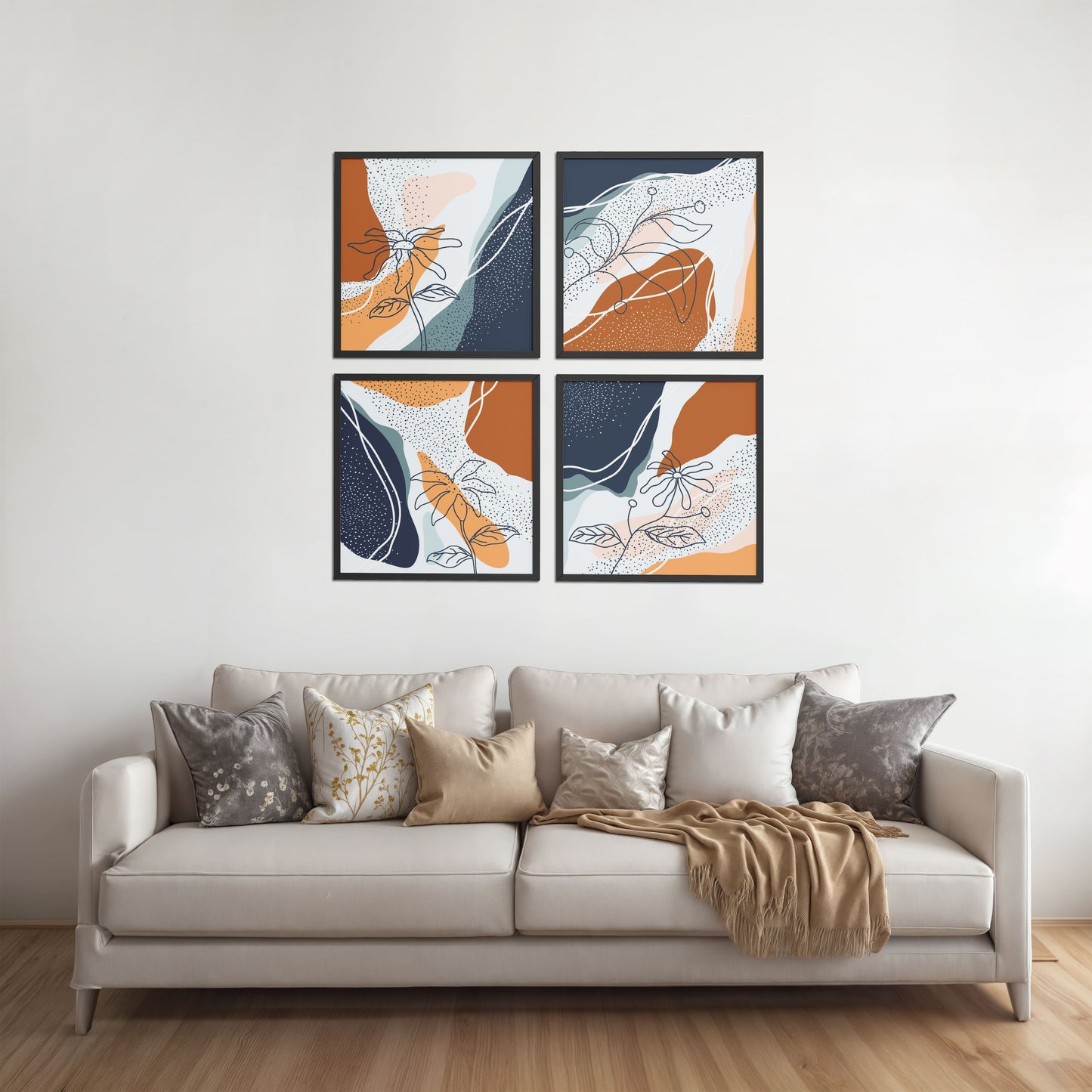 Living Room Sofa Preview of Boho Minimalist Floral Wall Art Frames Set of 4 in Black Color Frame
