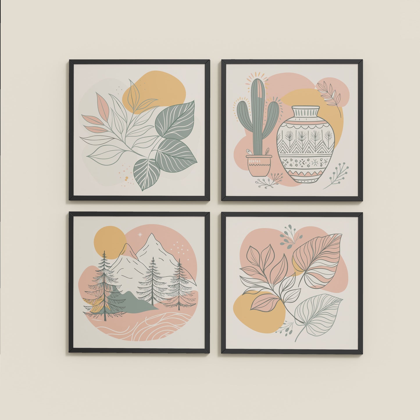 Wall View of Boho Serenity Pastel Nature Wall Art Set of 4 in Black Color Frame