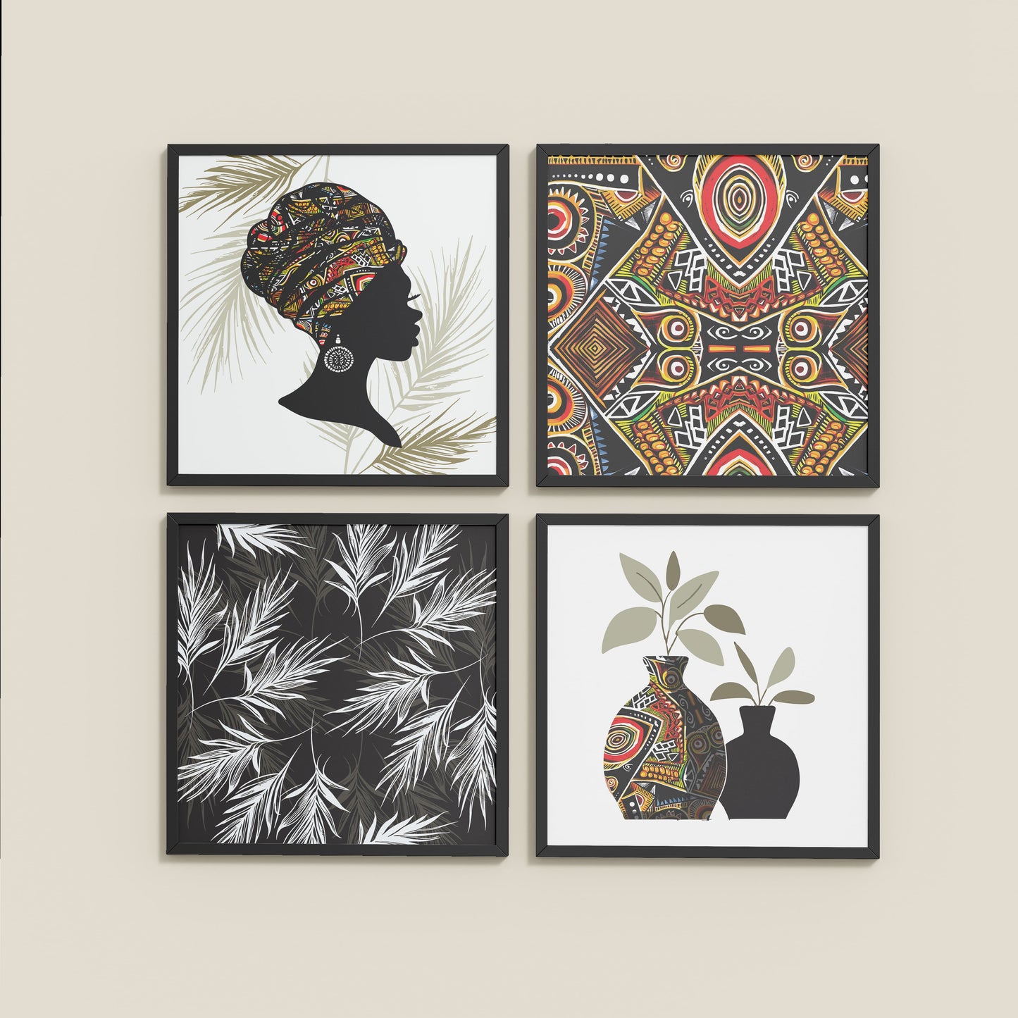 Wall View of Ethnic Bohemian Wall Art Frames Set of 4 in Black Color Frame