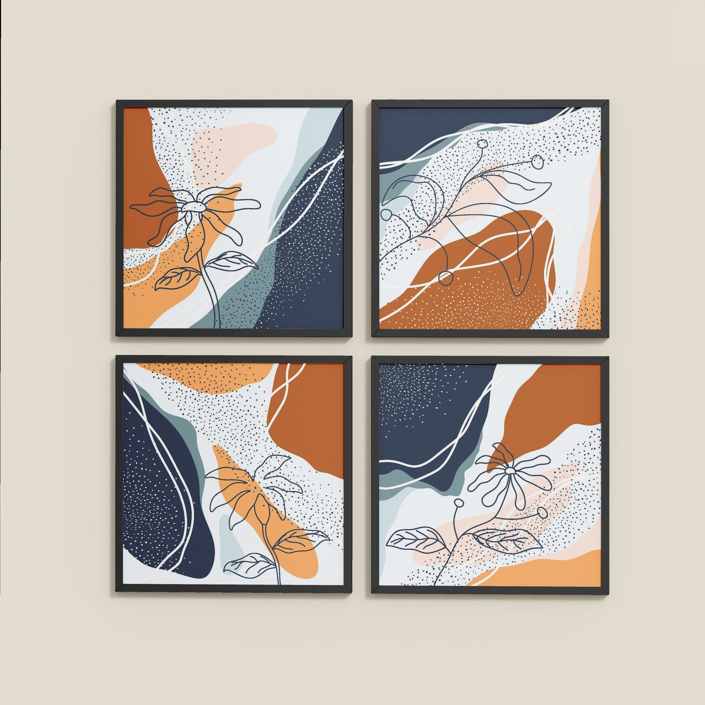 Wall View of Boho Minimalist Floral Wall Art Frames Set of 4 in Black Color Frame