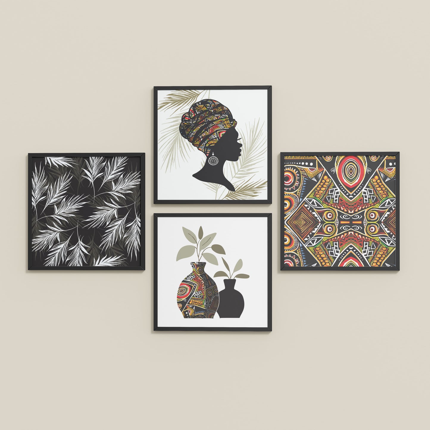 Inclined Floor View of Ethnic Bohemian Wall Art Frames Set of 4 in Black Color Frame
