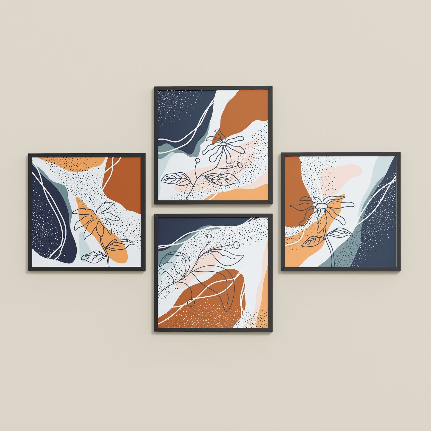 Inclined Floor View of Boho Minimalist Floral Wall Art Frames Set of 4 in Black Color Frame