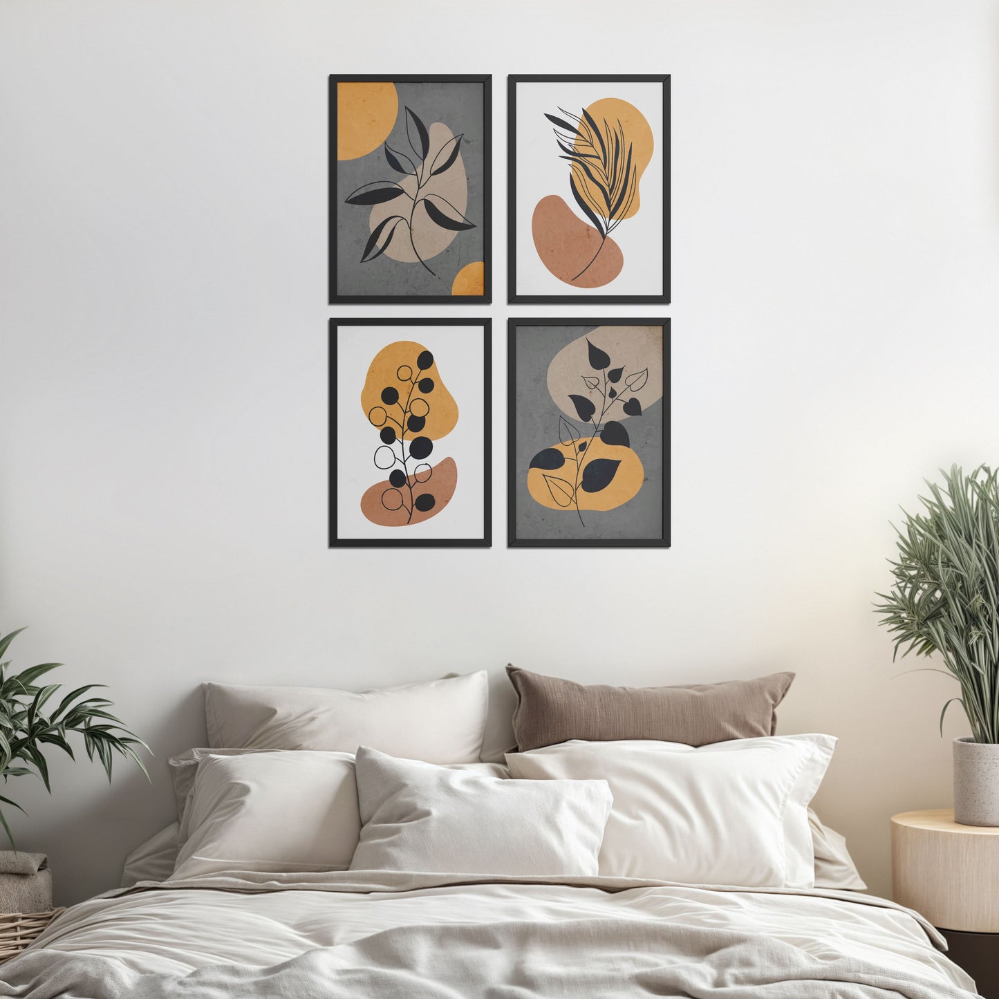 Bed Room Preview of Boho Leaves – Minimalist Wall Art Set of 4 Frames in Black Color Frame