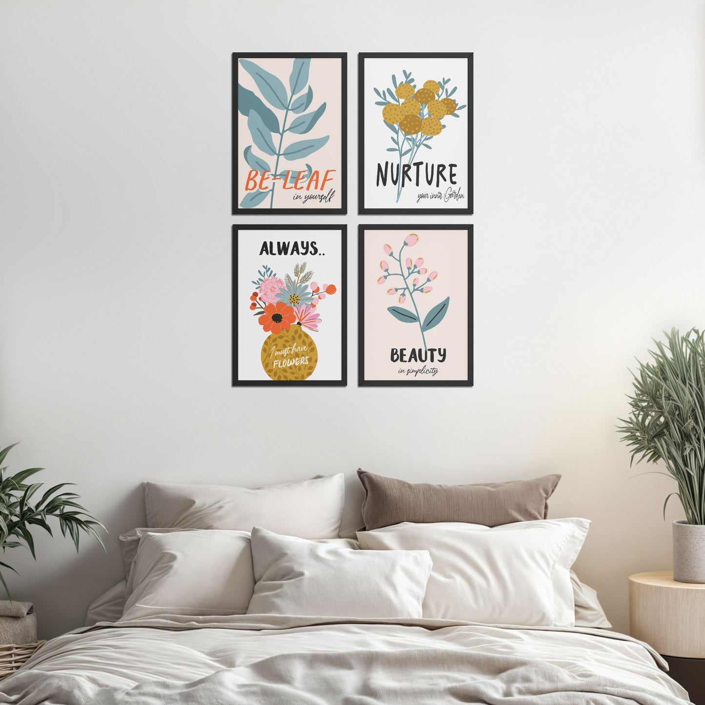 Bed Room Preview of Grow & Glow – Plant-Inspired Positive Wall Art Set of 4 in Black Color Frame