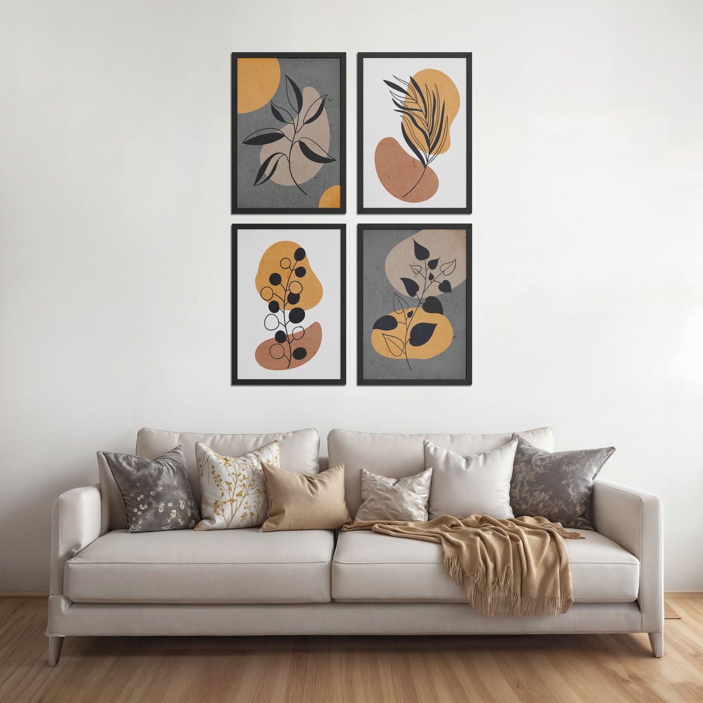 Living Room Sofa Preview of Boho Leaves – Minimalist Wall Art Set of 4 Frames in Black Color Frame