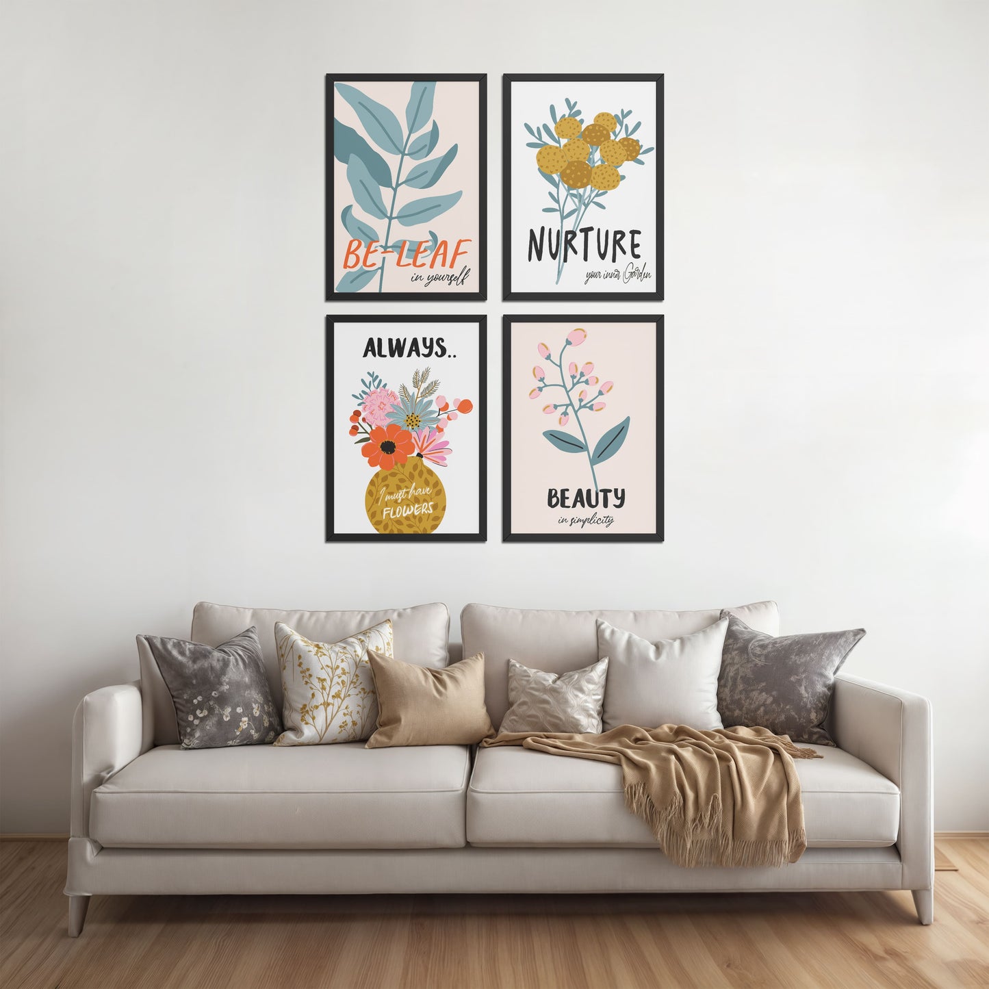 Living Room Sofa Preview of Grow & Glow – Plant-Inspired Positive Wall Art Set of 4 in Black Color Frame