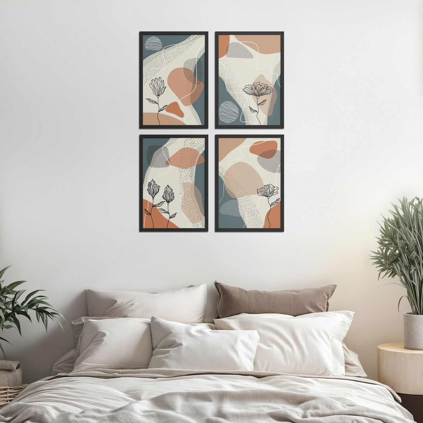Bed Room Preview of Line & Leaf – Boho Abstract Wall Art Set of 4 in Black Color Frame