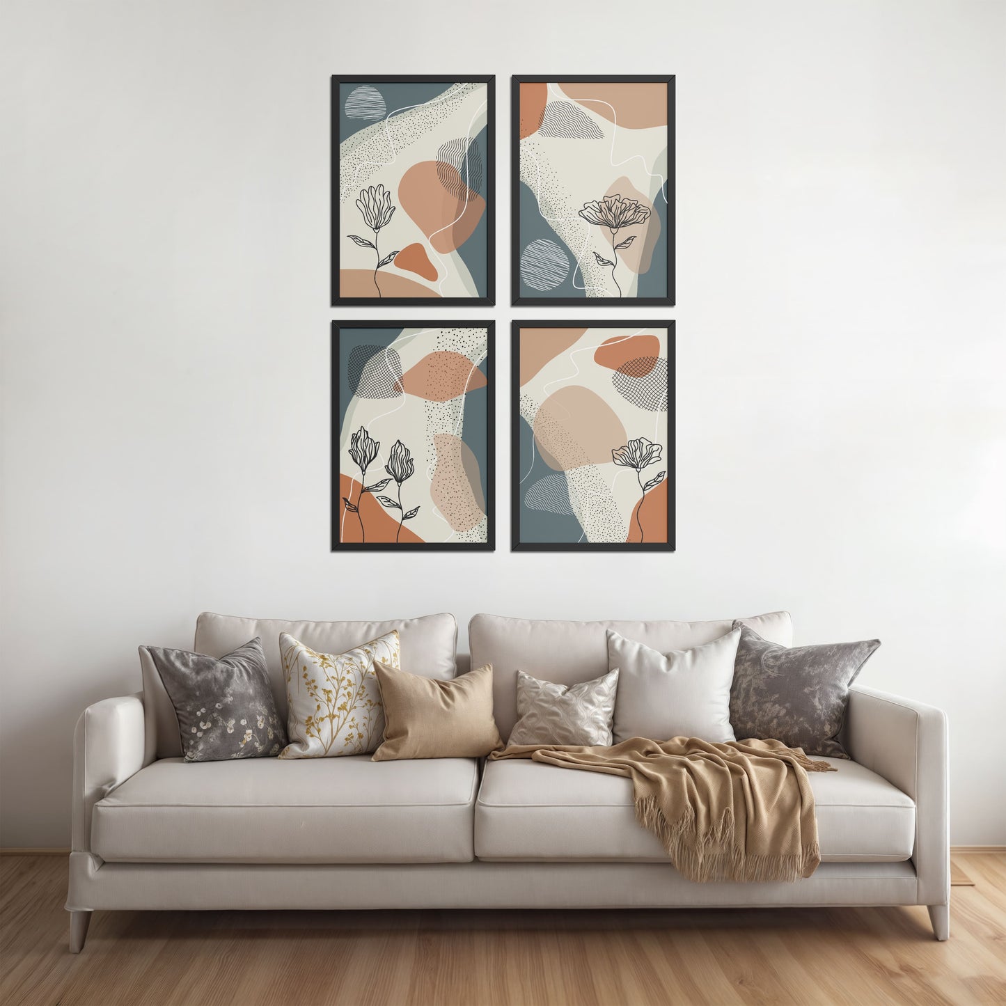 Living Room Sofa Preview of Line & Leaf – Boho Abstract Wall Art Set of 4 in Black Color Frame