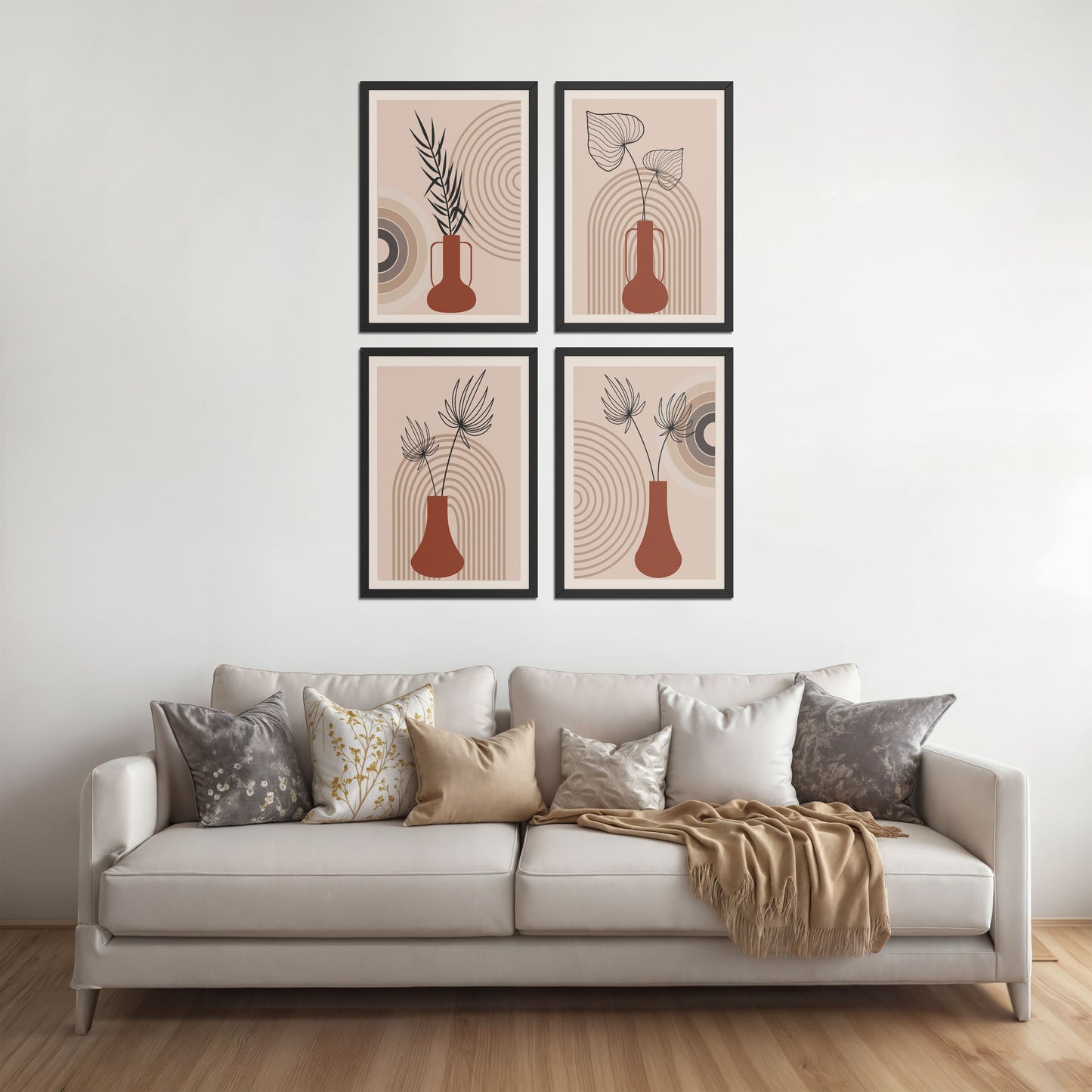 Living Room Sofa Preview of Boho Botanical Plant Wall Art Set of 4 in Black Color Frame