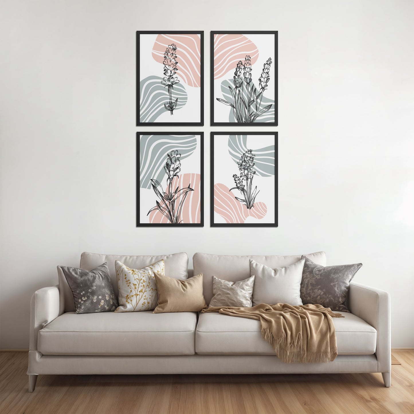 Living Room Sofa Preview of Abstract Hand-Printed Lavender Essence Wall Art Set of 4 in Black Color Frame