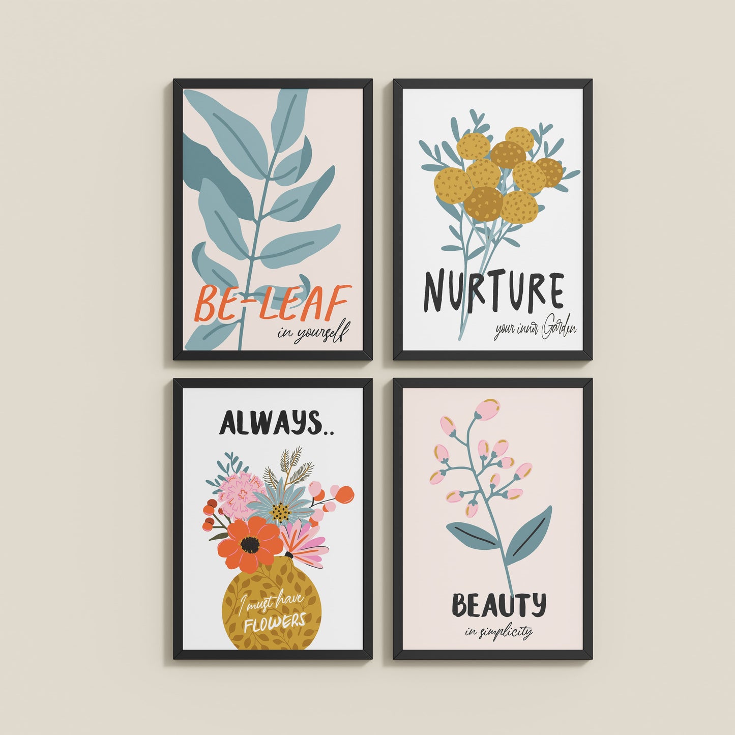 Wall View of Grow & Glow – Plant-Inspired Positive Wall Art Set of 4 in Black Color Frame