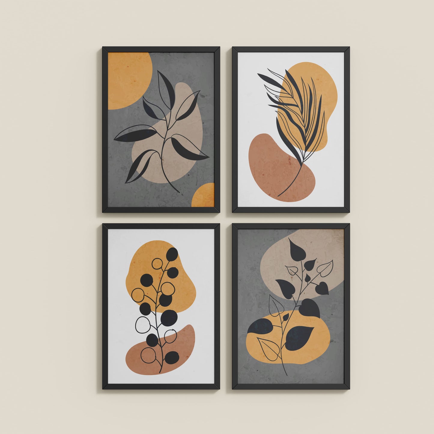 Wall View of Boho Leaves – Minimalist Wall Art Set of 4 Frames in Black Color Frame