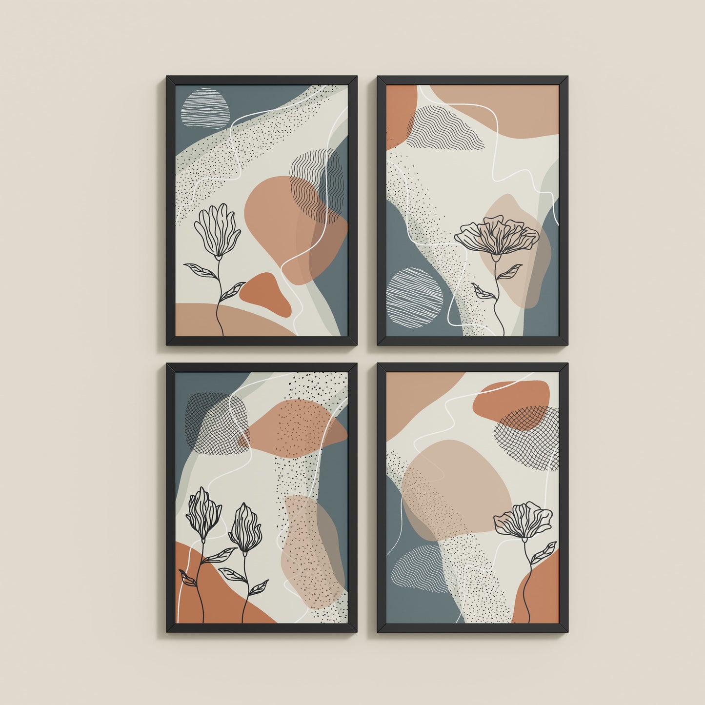 Wall View of Line & Leaf – Boho Abstract Wall Art Set of 4 in Black Color Frame
