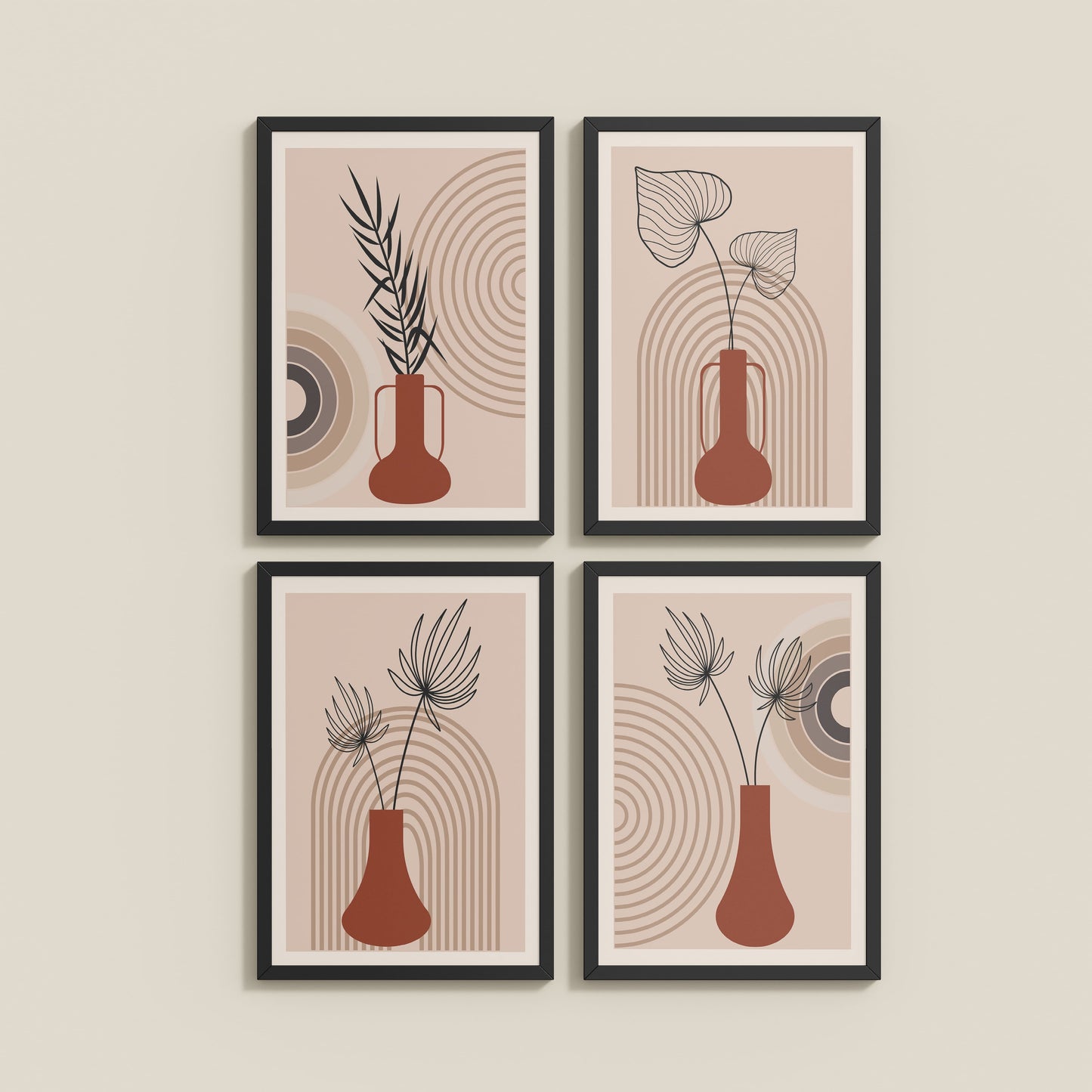 Wall View of Boho Botanical Plant Wall Art Set of 4 in Black Color Frame