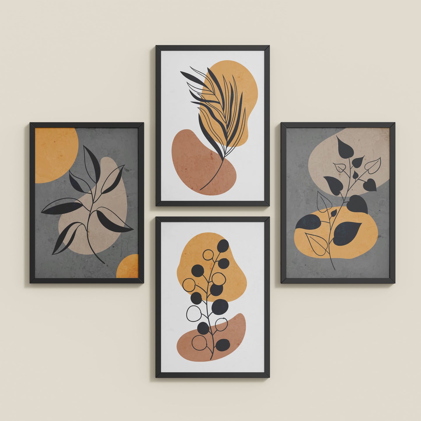 Inclined Floor View of Boho Leaves – Minimalist Wall Art Set of 4 Frames in Black Color Frame