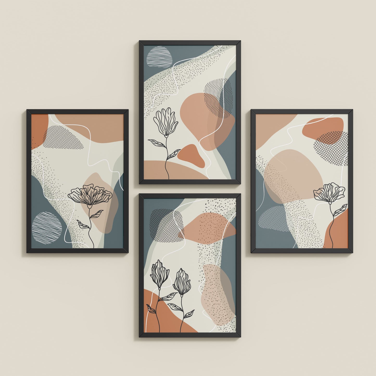Inclined Floor View of Line & Leaf – Boho Abstract Wall Art Set of 4 in Black Color Frame