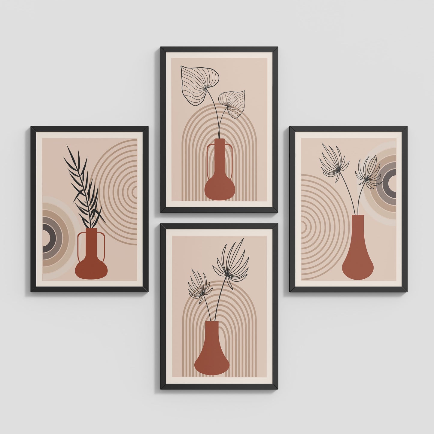 Inclined Floor View of Boho Botanical Plant Wall Art Set of 4 in Black Color Frame