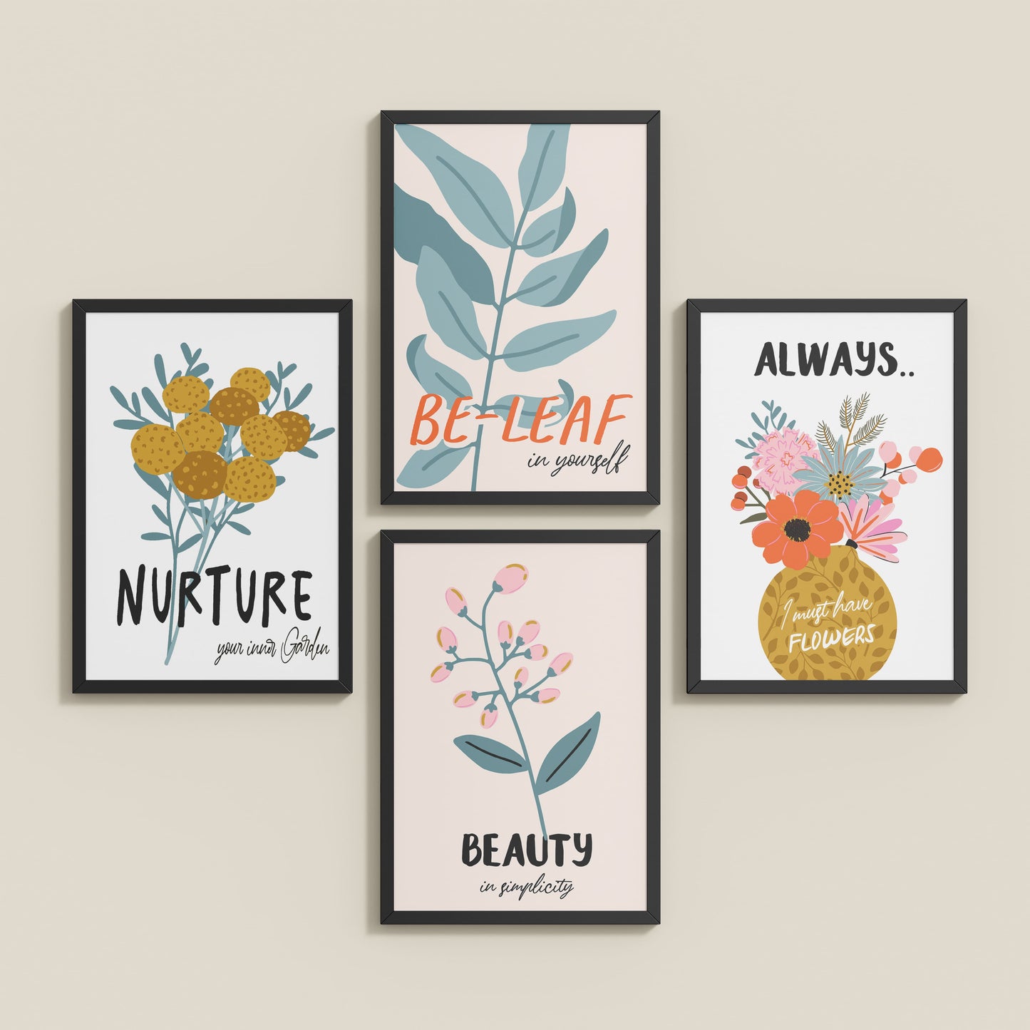 Inclined Floor View of Grow & Glow – Plant-Inspired Positive Wall Art Set of 4 in Black Color Frame