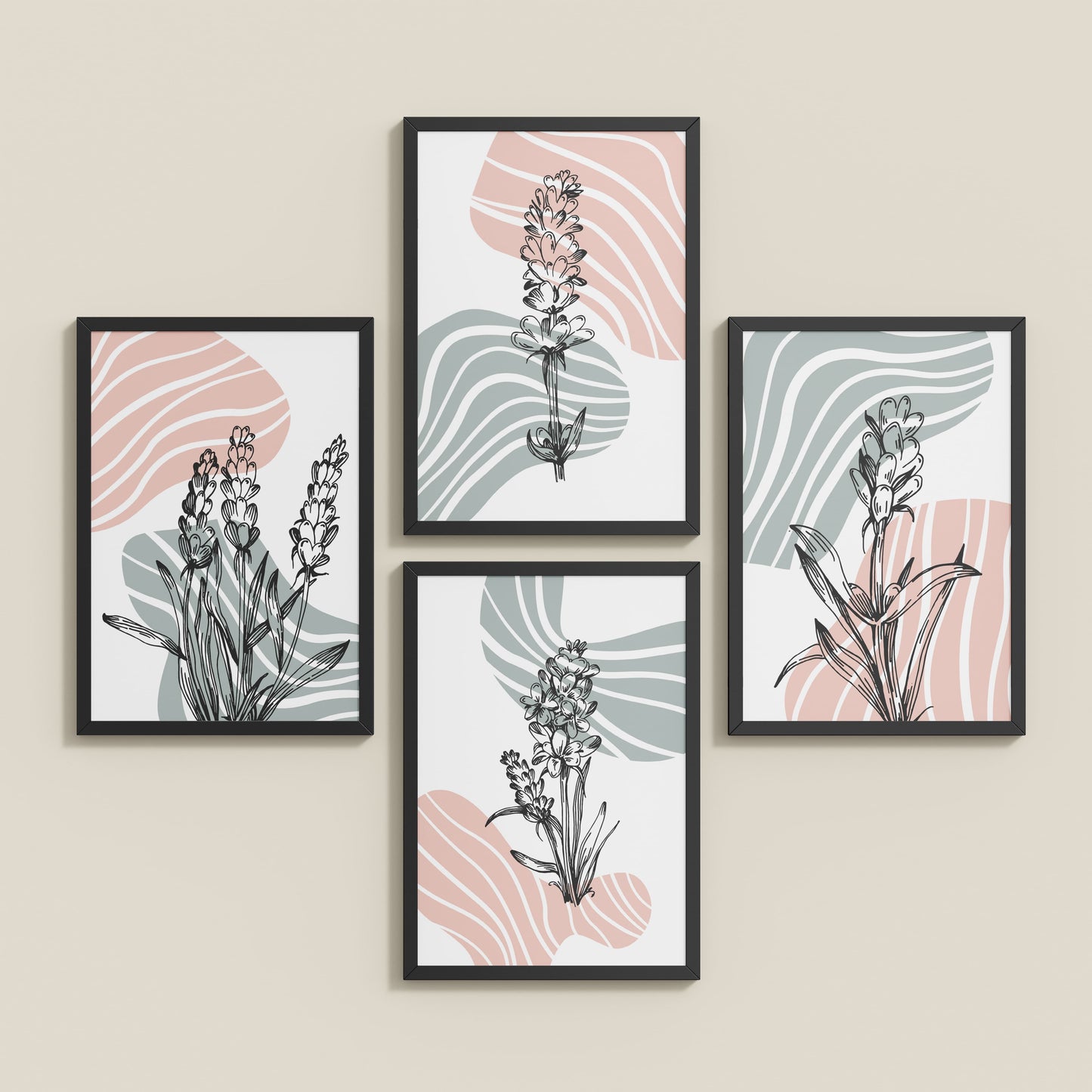 Inclined Floor View of Abstract Hand-Printed Lavender Essence Wall Art Set of 4 in Black Color Frame