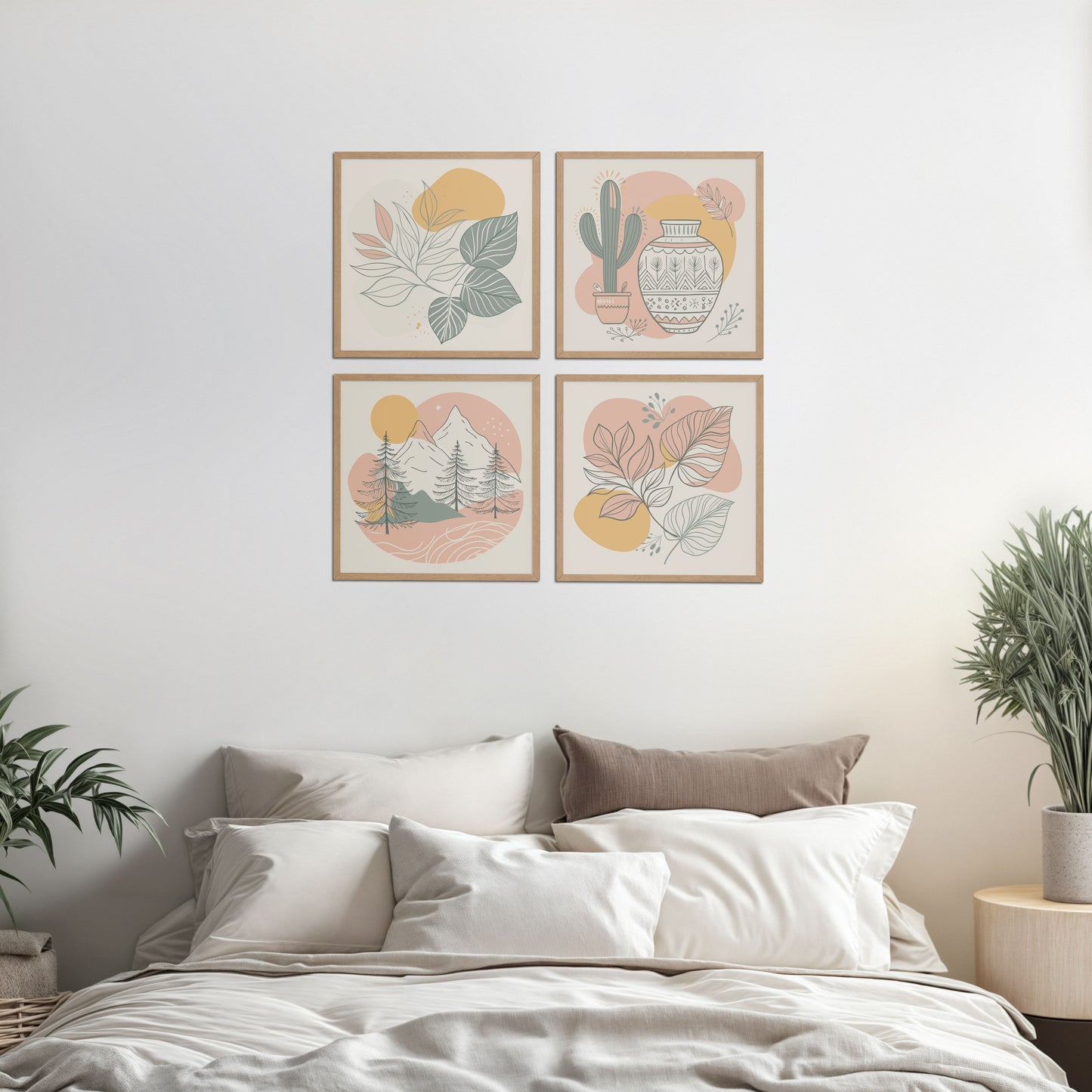 Bed Room Preview of Boho Serenity Pastel Nature Wall Art Set of 4 in Natrual Color Frame