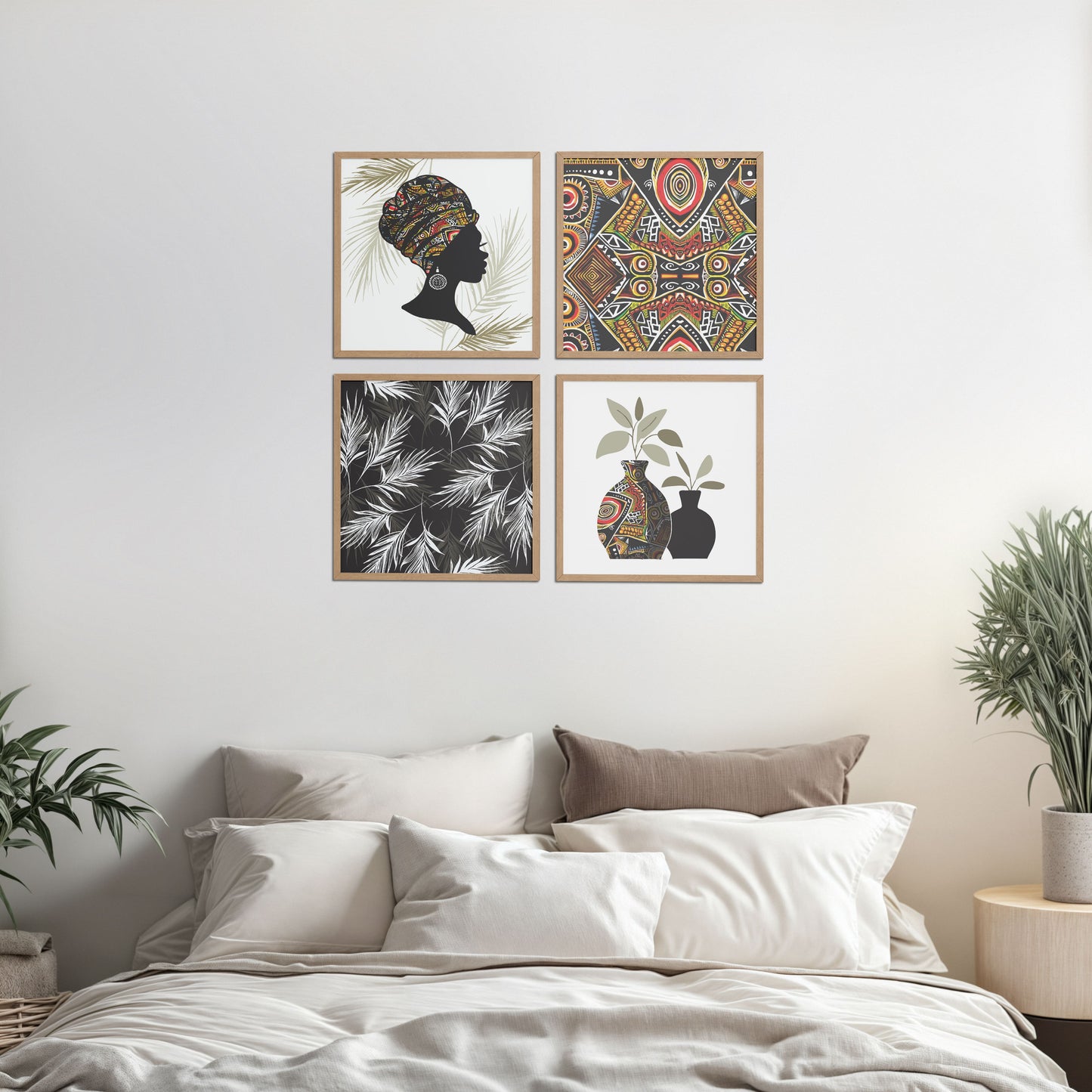 Bed Room Preview of Ethnic Bohemian Wall Art Frames Set of 4 in Natrual Color Frame