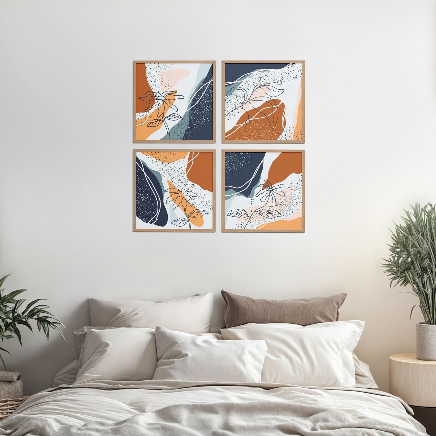 Bed Room Preview of Boho Minimalist Floral Wall Art Frames Set of 4 in Natrual Color Frame