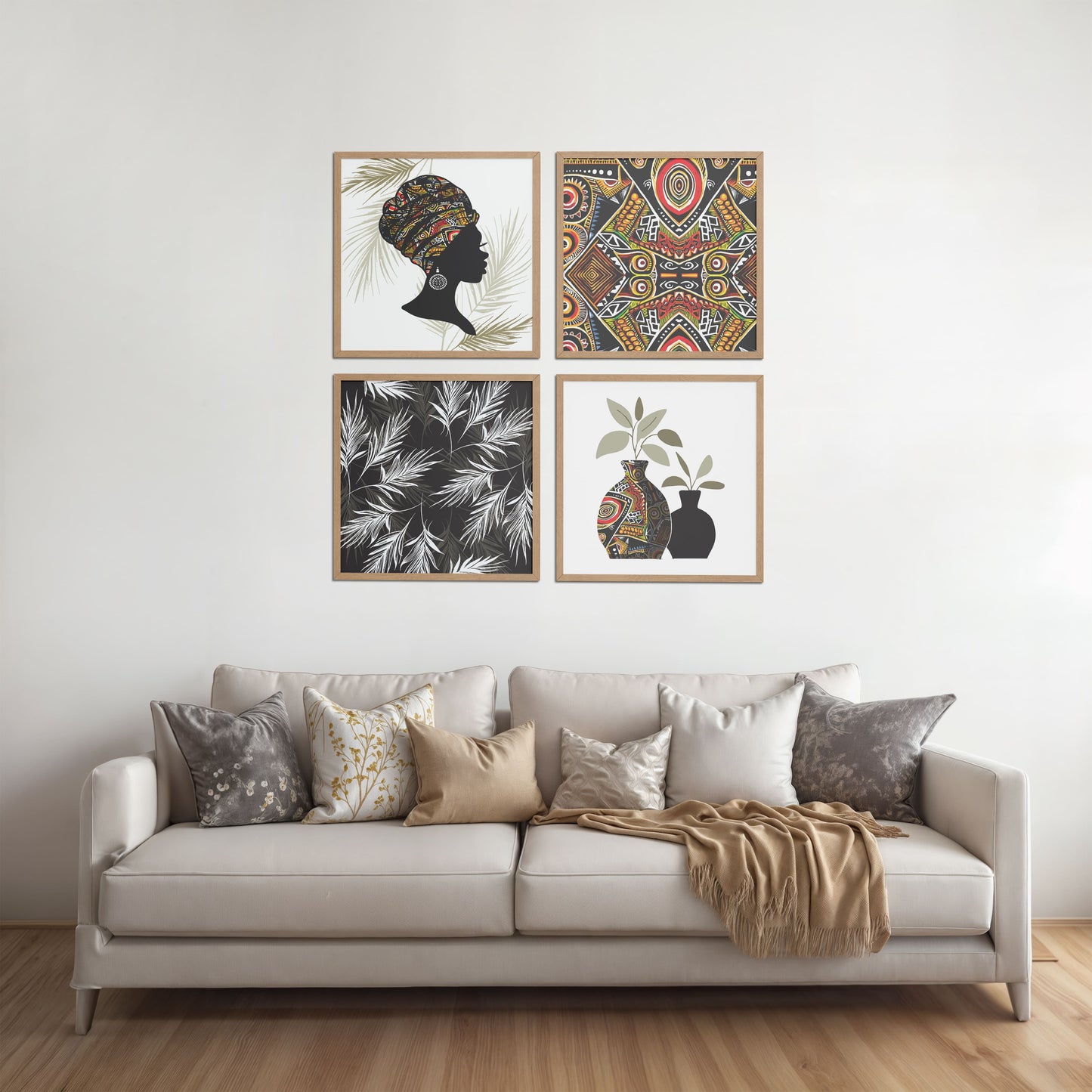 Living Room Sofa Preview of Ethnic Bohemian Wall Art Frames Set of 4 in Natrual Color Frame