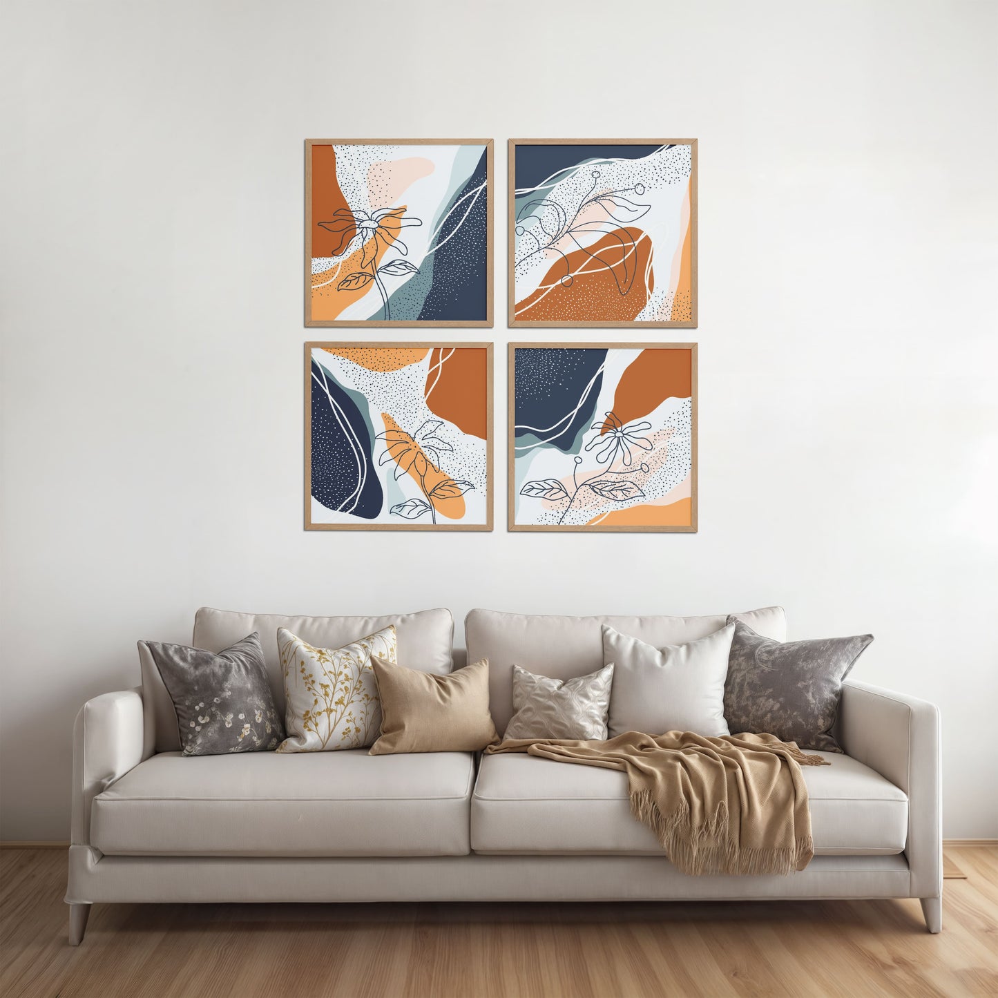 Living Room Sofa Preview of Boho Minimalist Floral Wall Art Frames Set of 4 in Natrual Color Frame