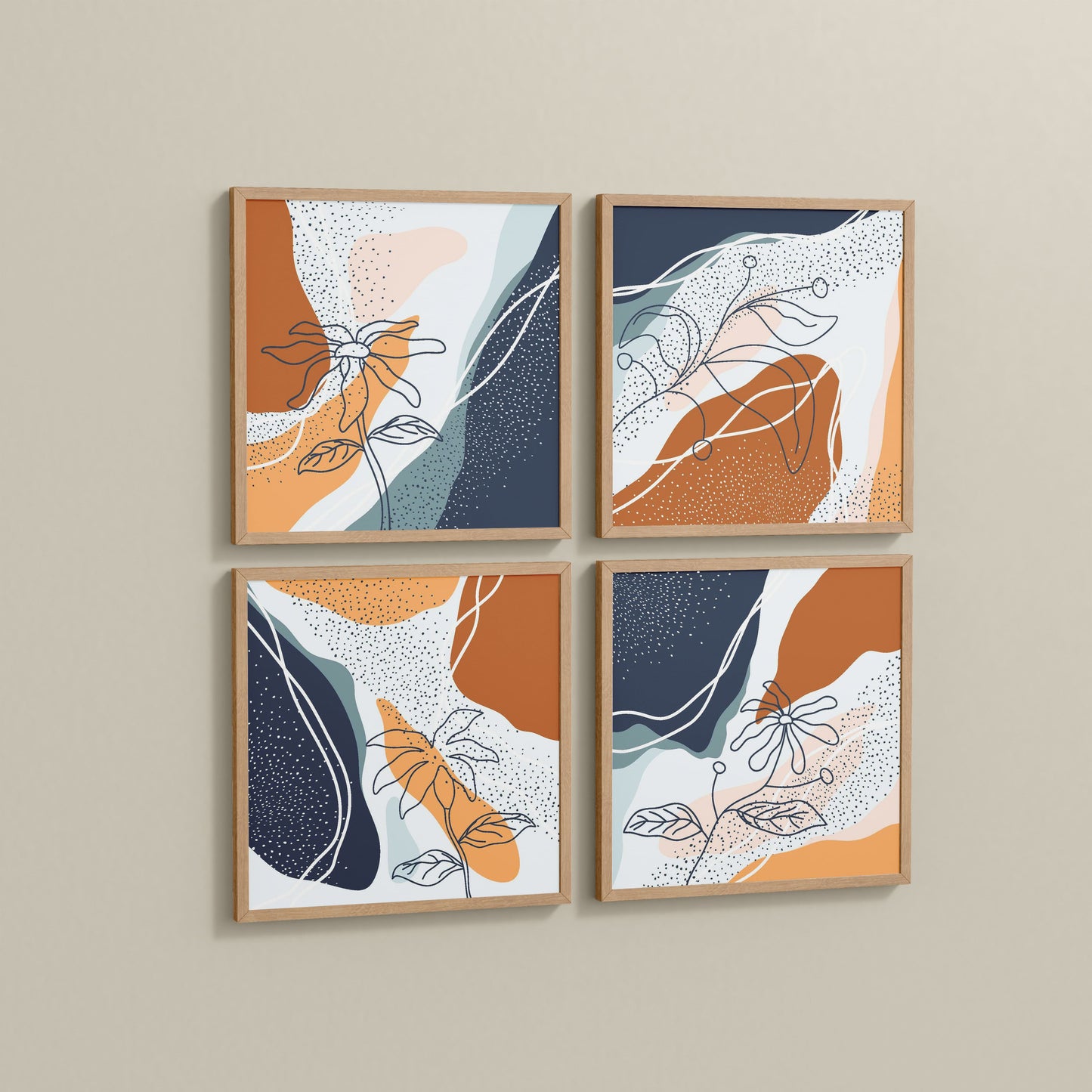 Side View of Boho Minimalist Floral Wall Art Frames Set of 4 in Natrual Color Frame