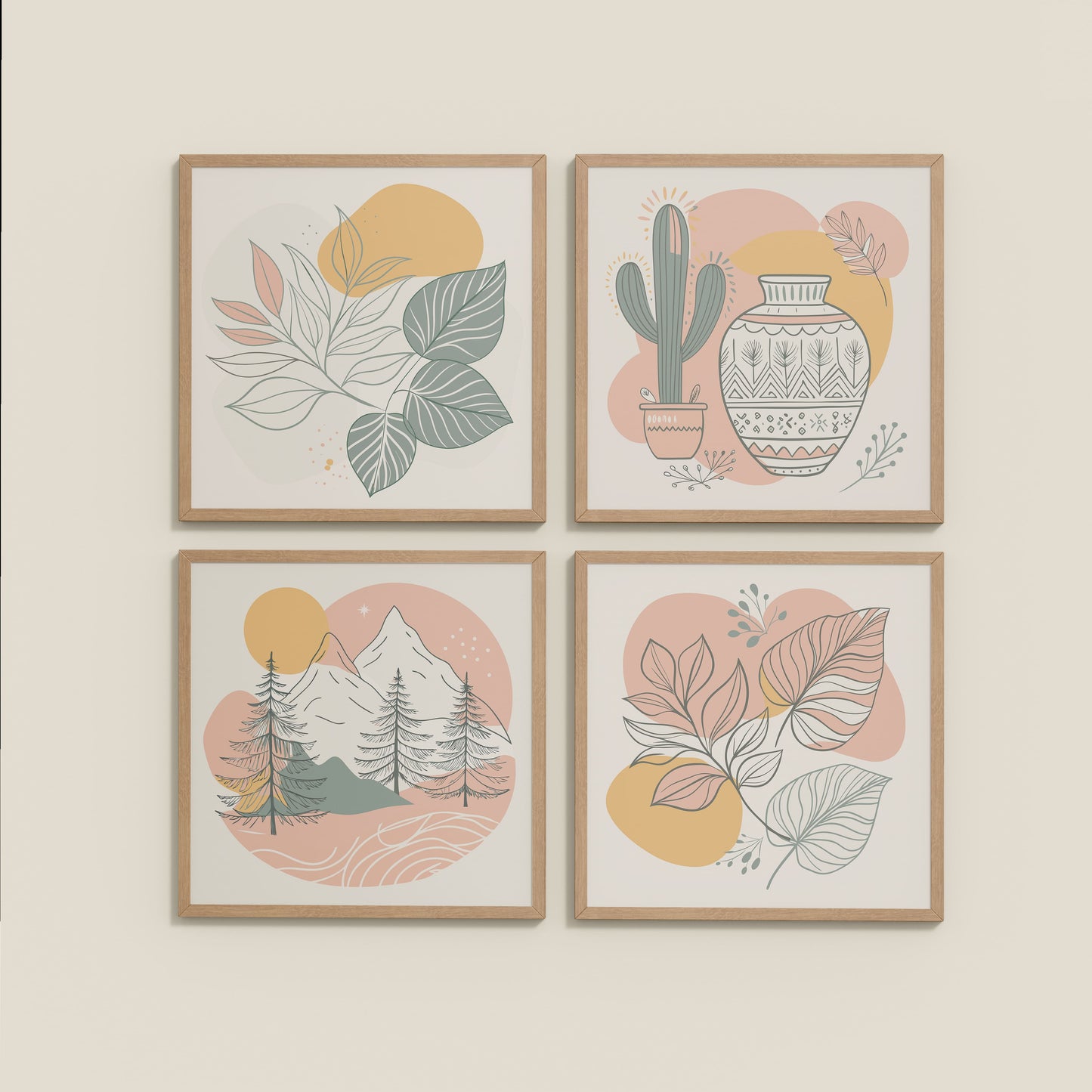 Wall View of Boho Serenity Pastel Nature Wall Art Set of 4 in Natrual Color Frame