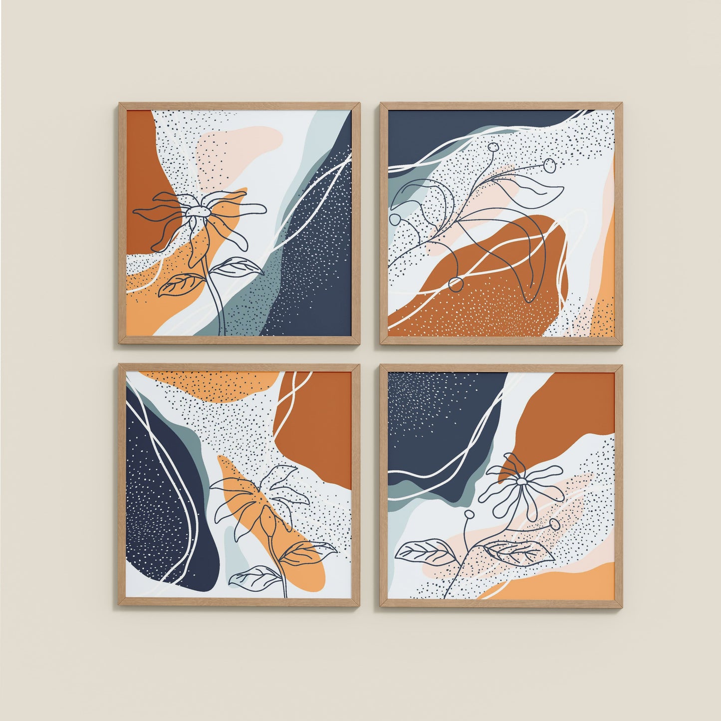 Wall View of Boho Minimalist Floral Wall Art Frames Set of 4 in Natrual Color Frame