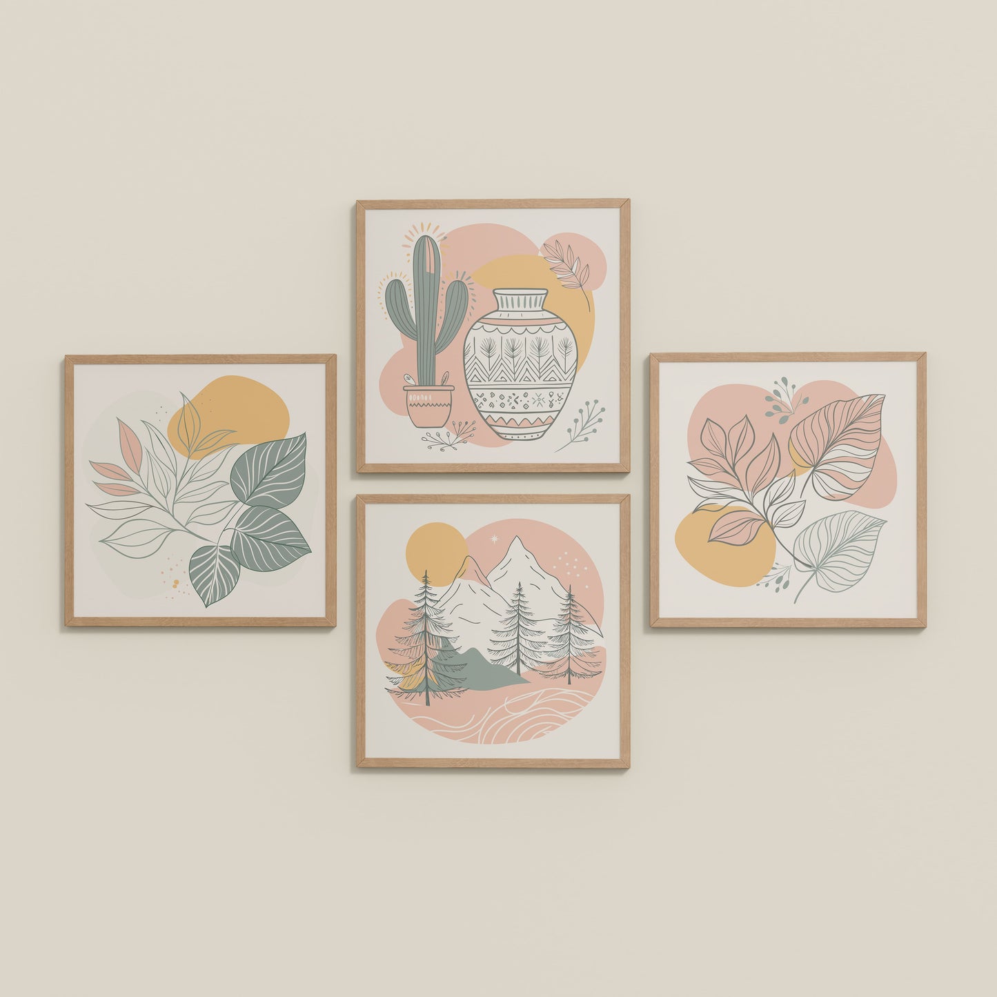 Inclined Floor View of Boho Serenity Pastel Nature Wall Art Set of 4 in Natrual Color Frame