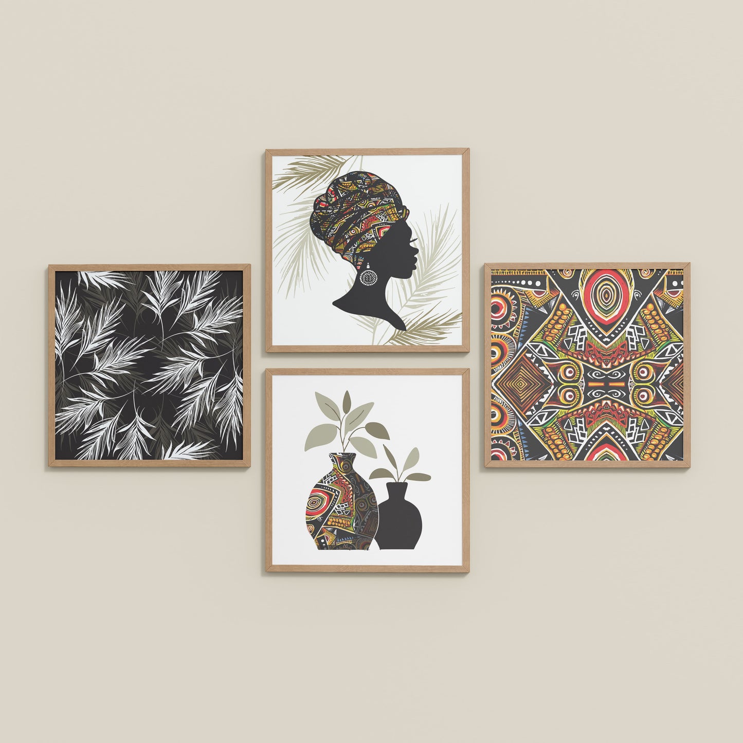 Inclined Floor View of Ethnic Bohemian Wall Art Frames Set of 4 in Natrual Color Frame