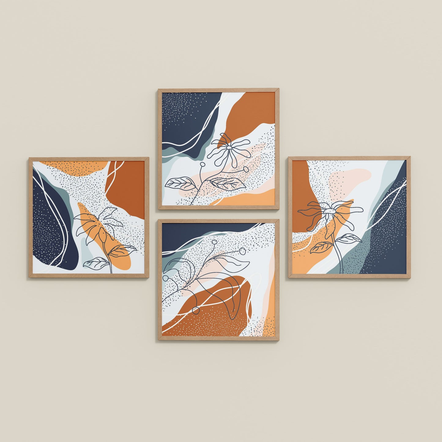 Inclined Floor View of Boho Minimalist Floral Wall Art Frames Set of 4 in Natrual Color Frame
